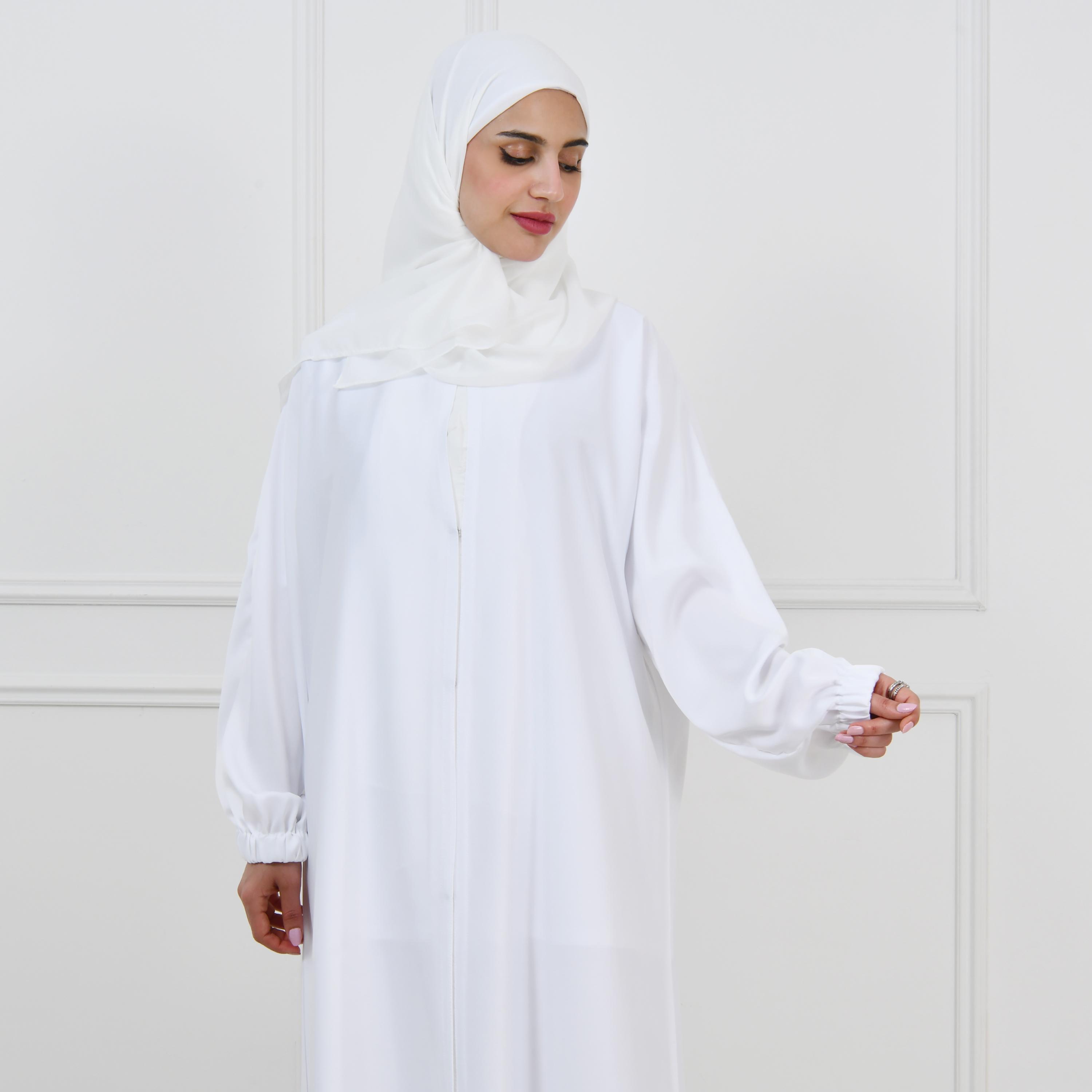 Hawraa White Balloon Sleeves Linen Women's Hajj Abaya with Hijab-women-arabicclothing-prayerclothing-image-6