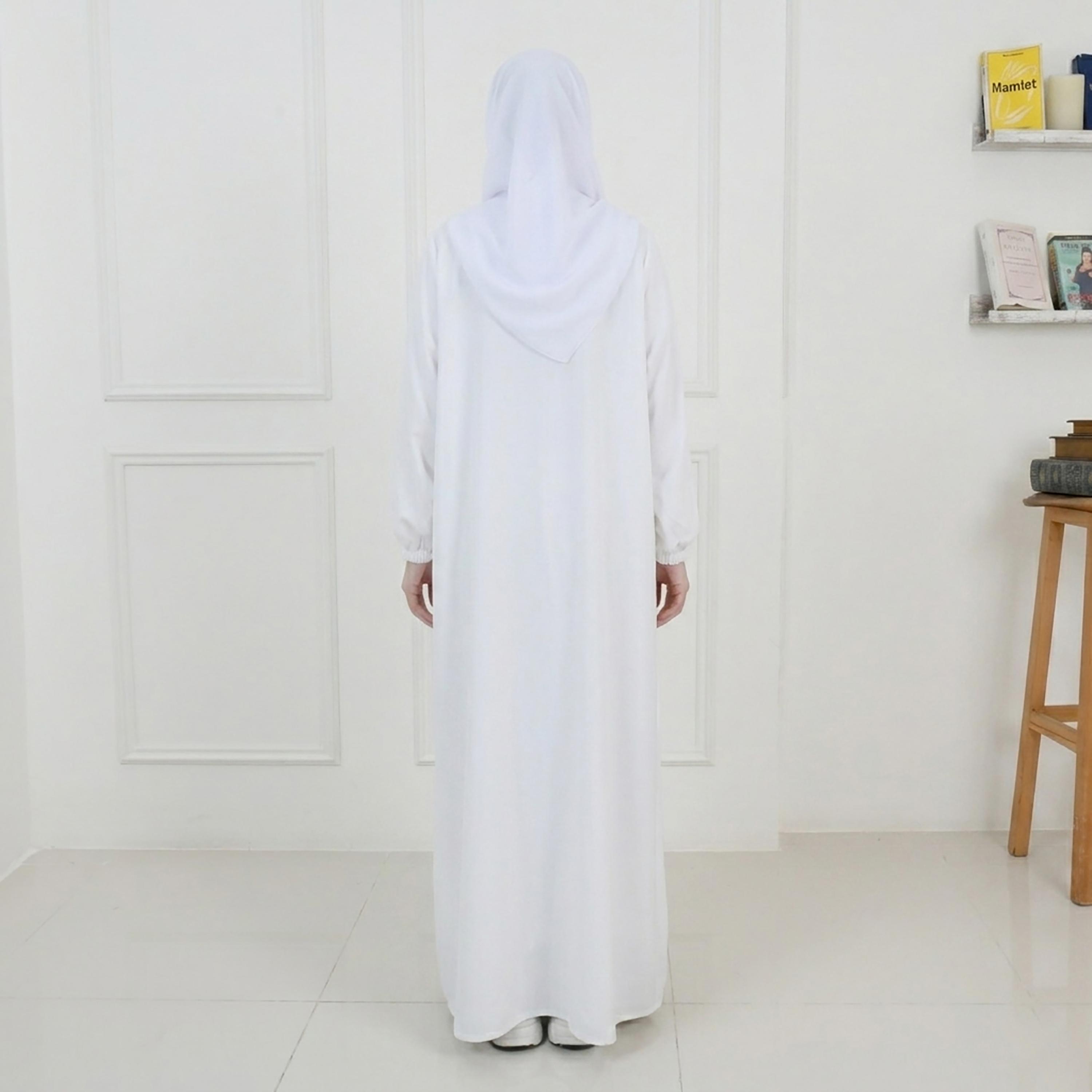 Hawraa White Balloon Sleeves Linen Women's Hajj Abaya with Hijab-women-arabicclothing-prayerclothing-image-7