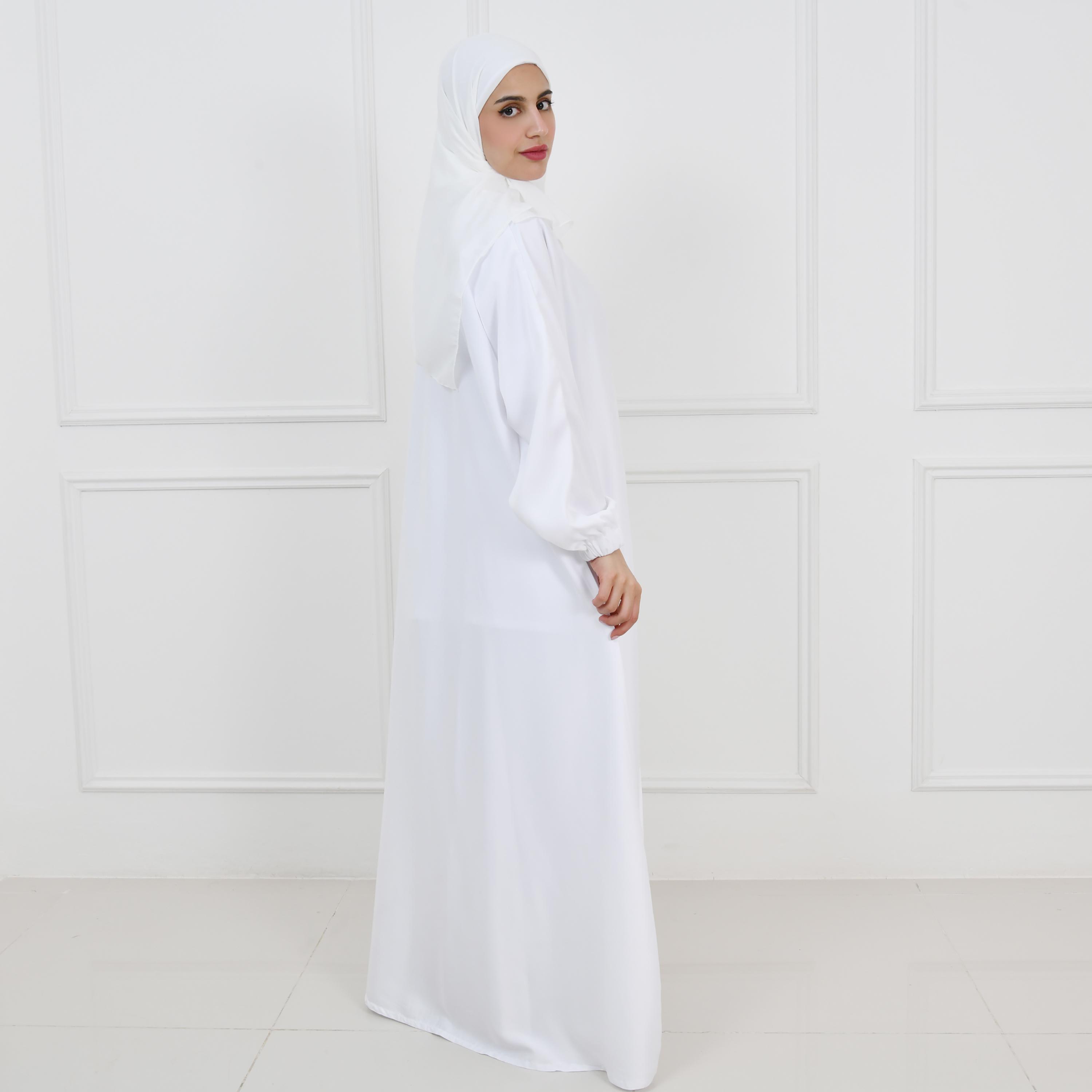 Hawraa White Balloon Sleeves Linen Women's Hajj Abaya with Hijab-women-arabicclothing-prayerclothing-image-8