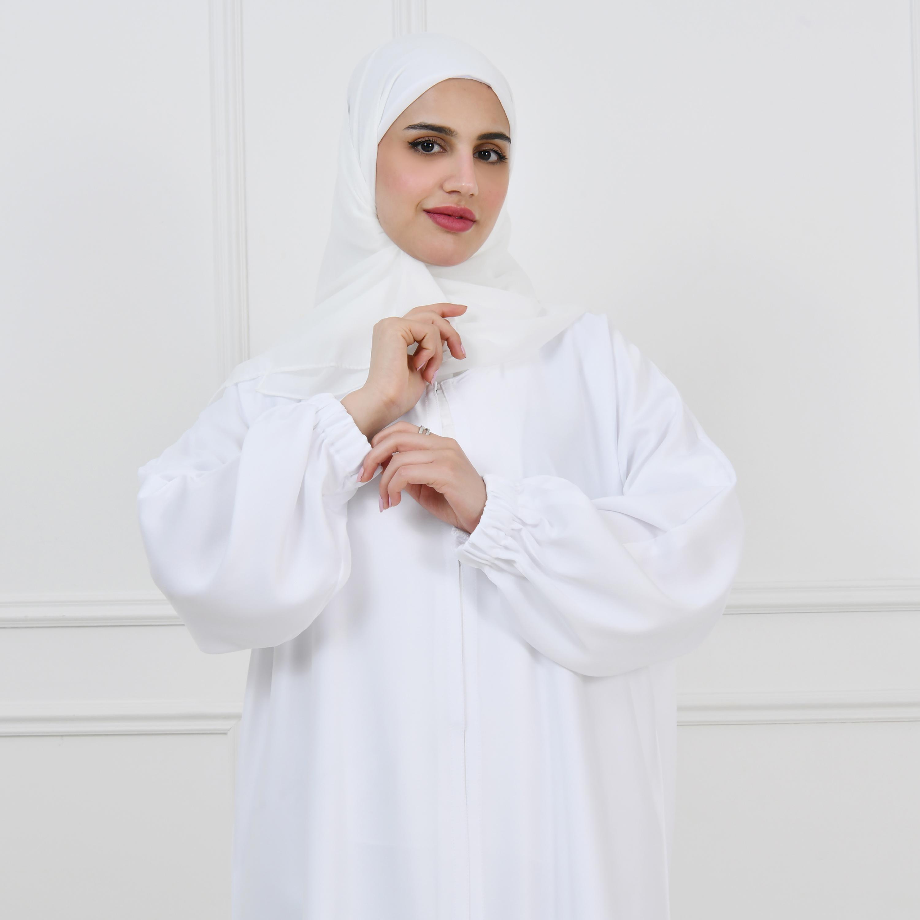 Hawraa White Balloon Sleeves Linen Women's Hajj Abaya with Hijab-women-arabicclothing-prayerclothing-image-9