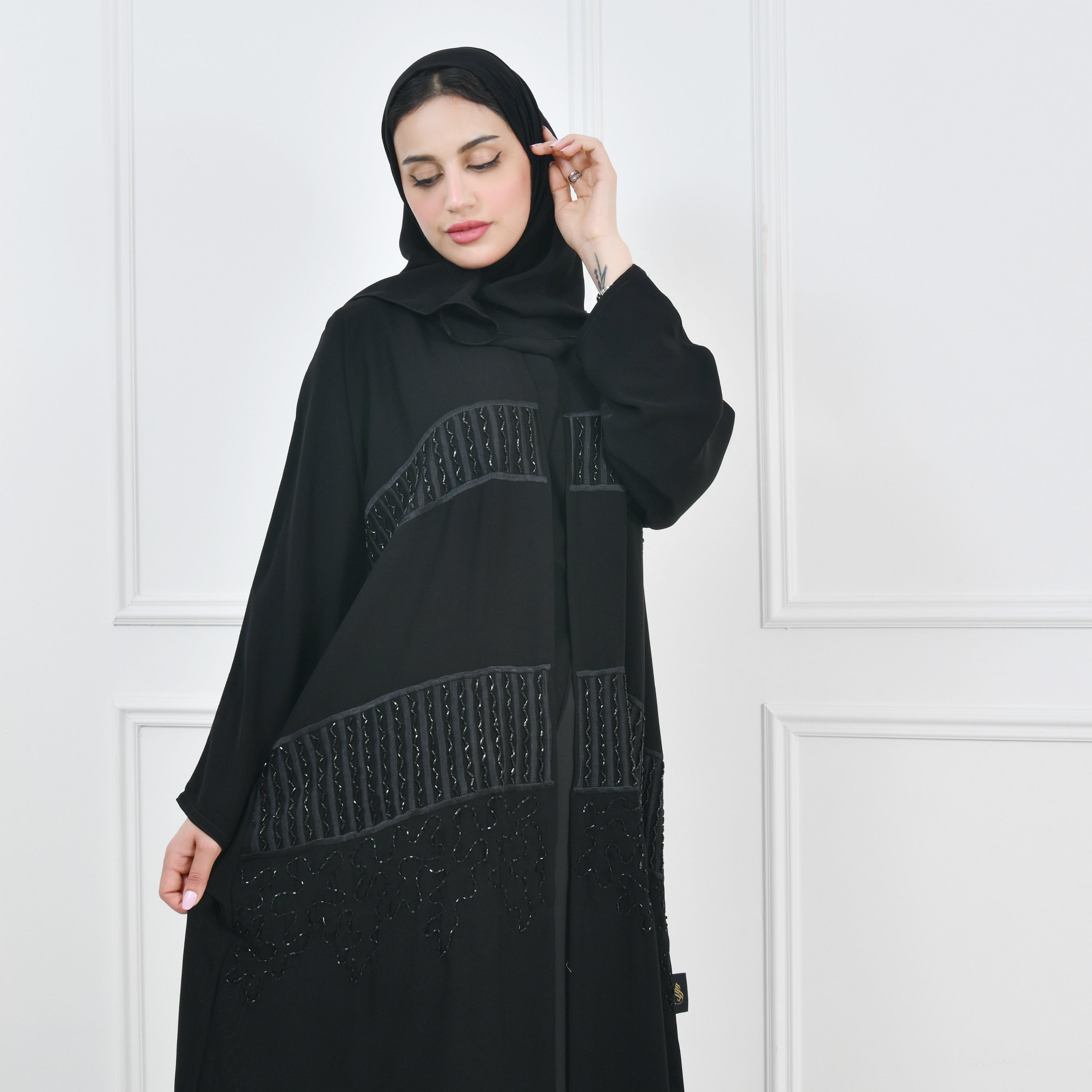 Hawraa Black Embellished Evening Women Wrap Abaya with Hijab-women-arabicclothing-abayas-image-1