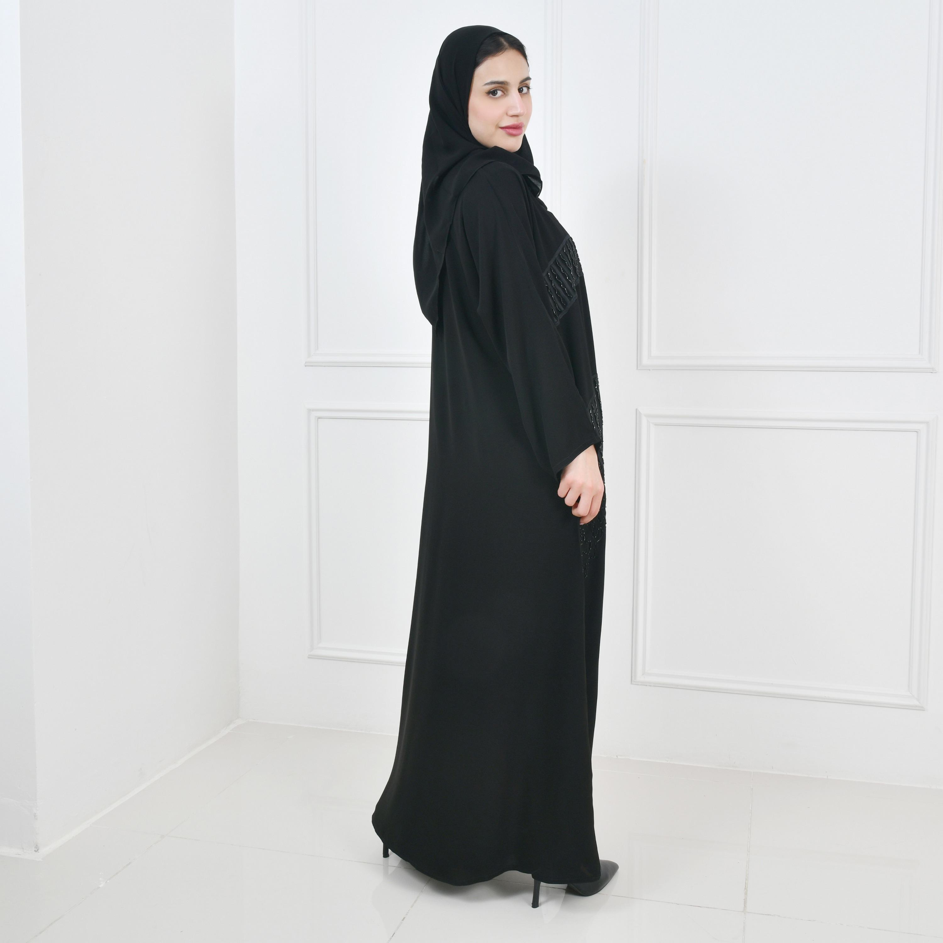 Hawraa Black Embellished Evening Women Wrap Abaya with Hijab-women-arabicclothing-abayas-image-2