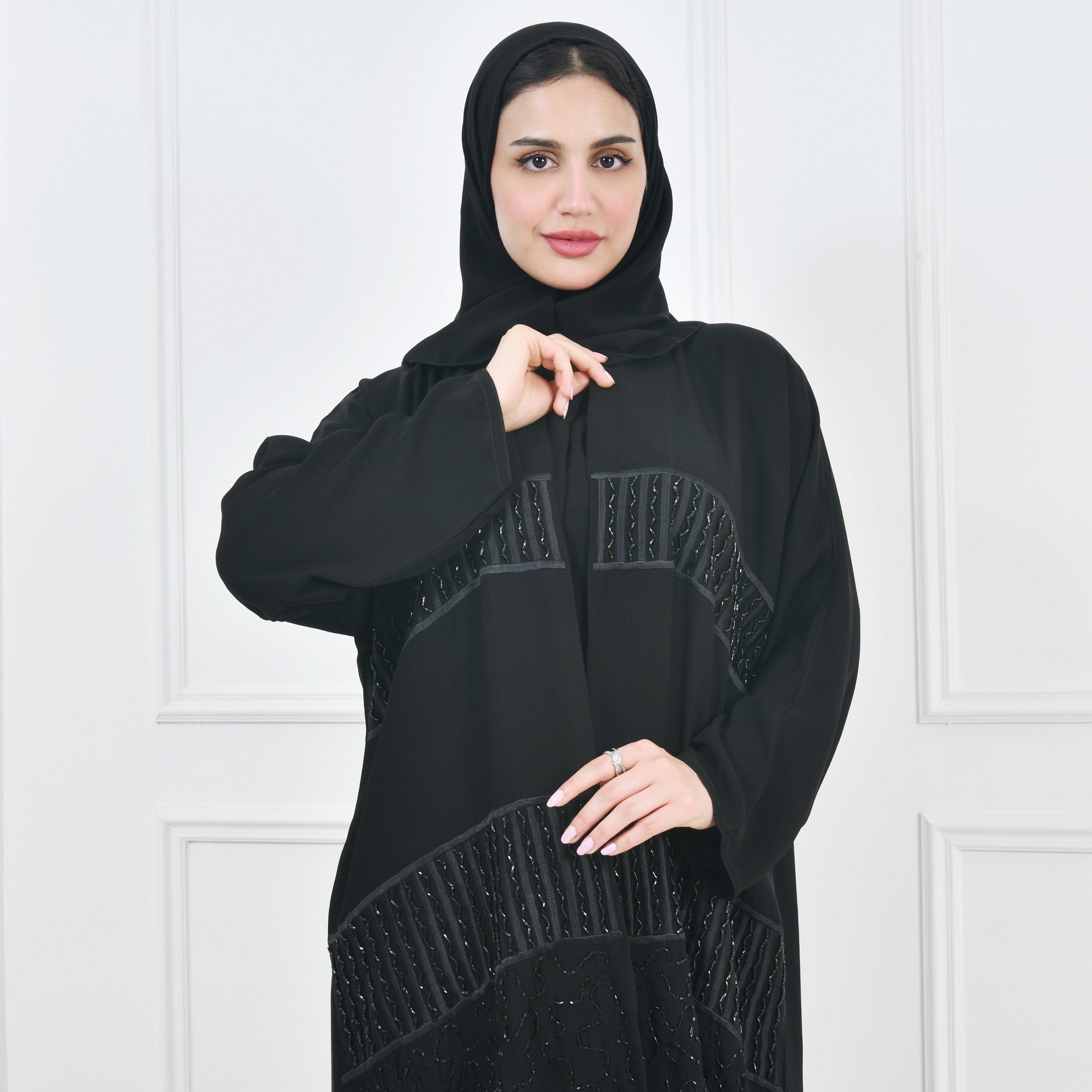 Hawraa Black Embellished Evening Women Wrap Abaya with Hijab-women-arabicclothing-abayas-image-3