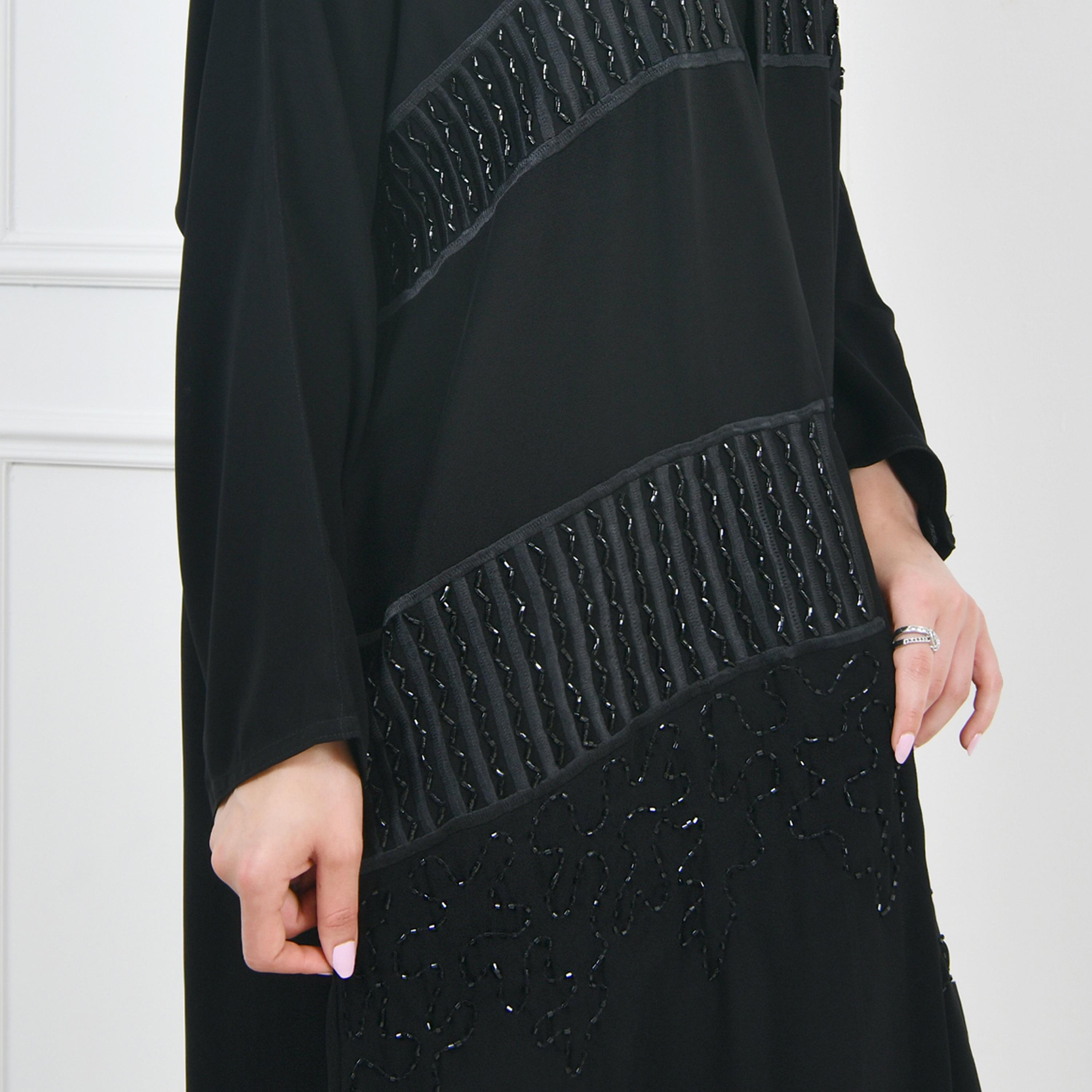 Hawraa Black Embellished Evening Women Wrap Abaya with Hijab-women-arabicclothing-abayas-image-4