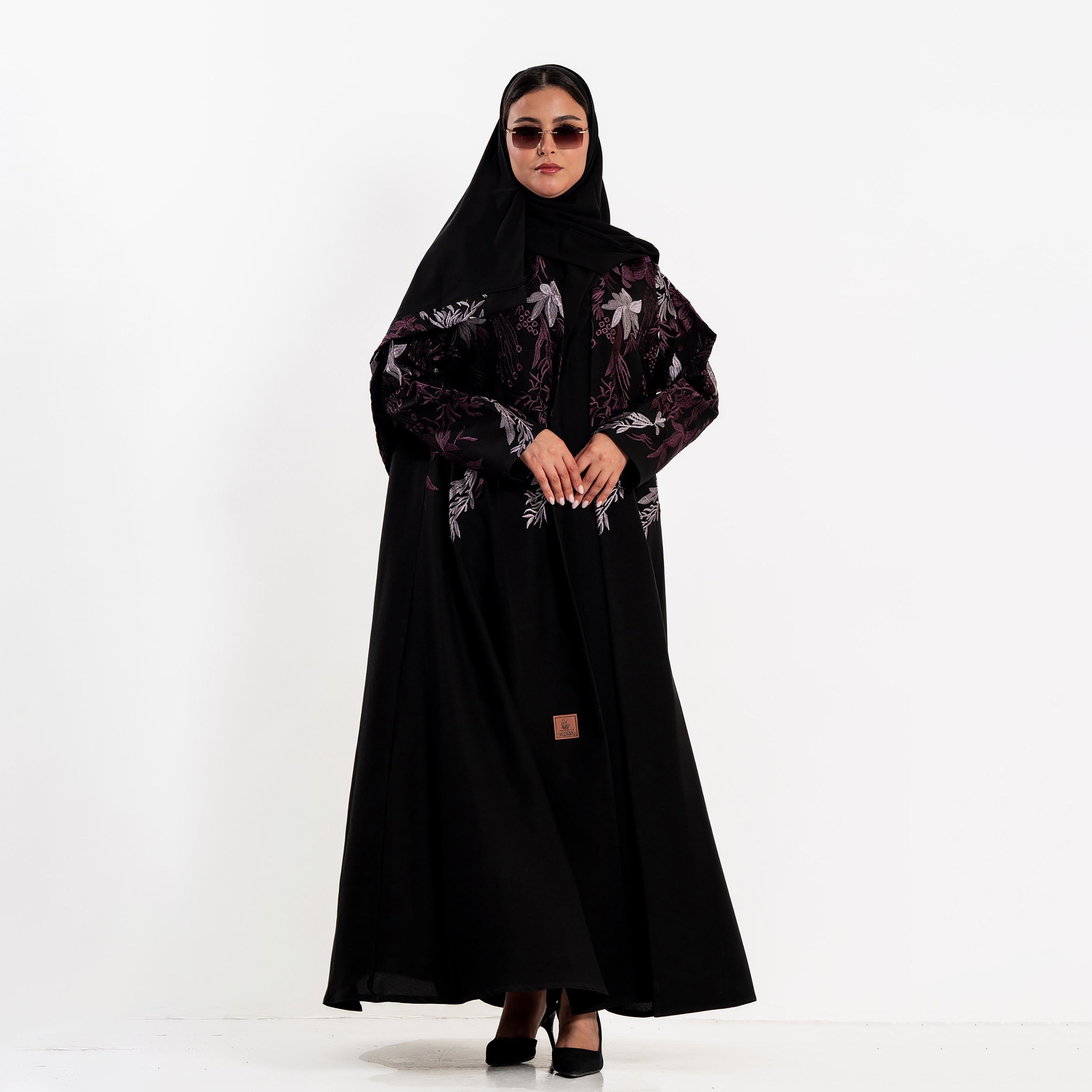 Zahiyh Black Floral Embroidered Women's Evening Flared Abaya with Hijab-women-arabicclothing-abayas-image-1