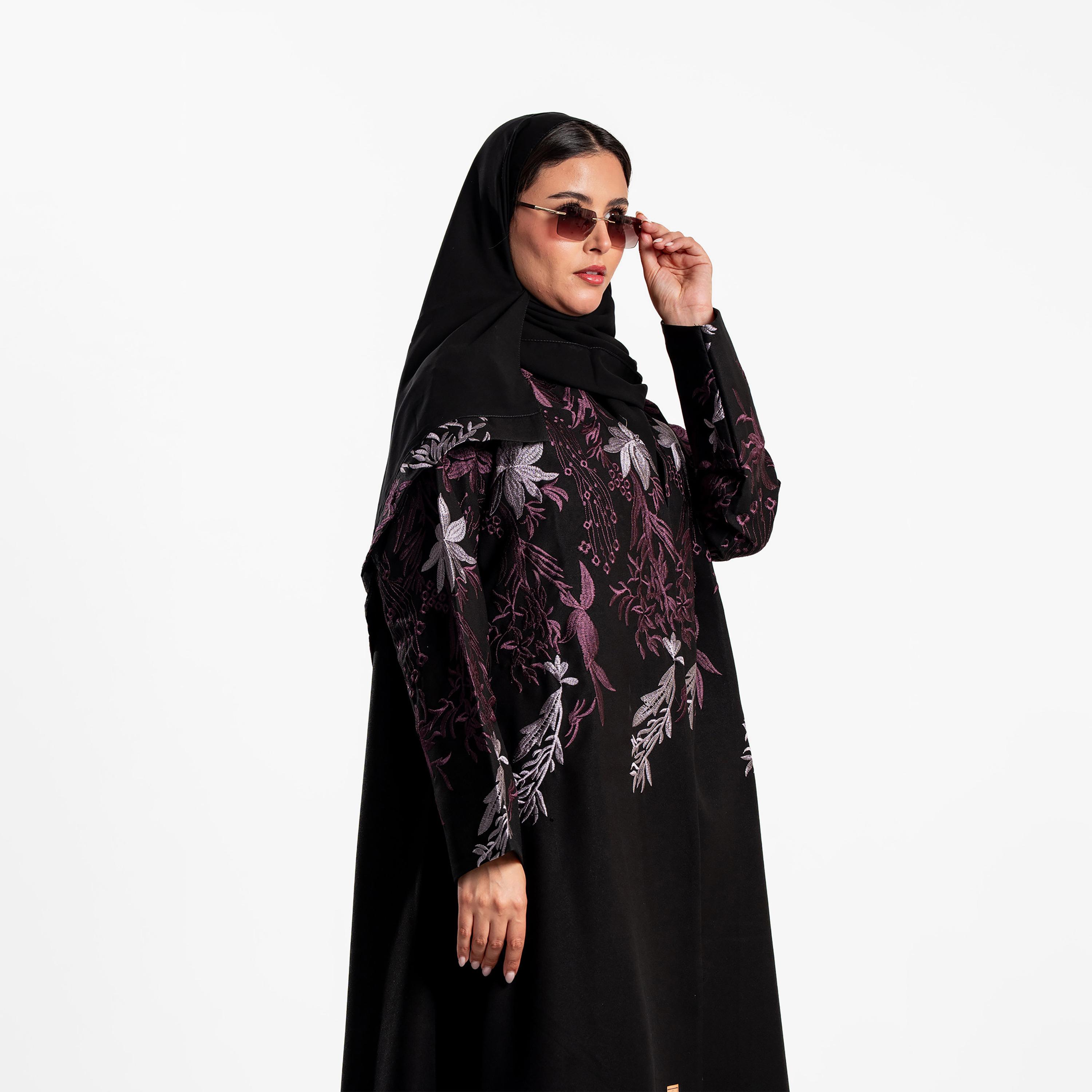 Zahiyh Black Floral Embroidered Women's Evening Flared Abaya with Hijab-women-arabicclothing-abayas-image-2