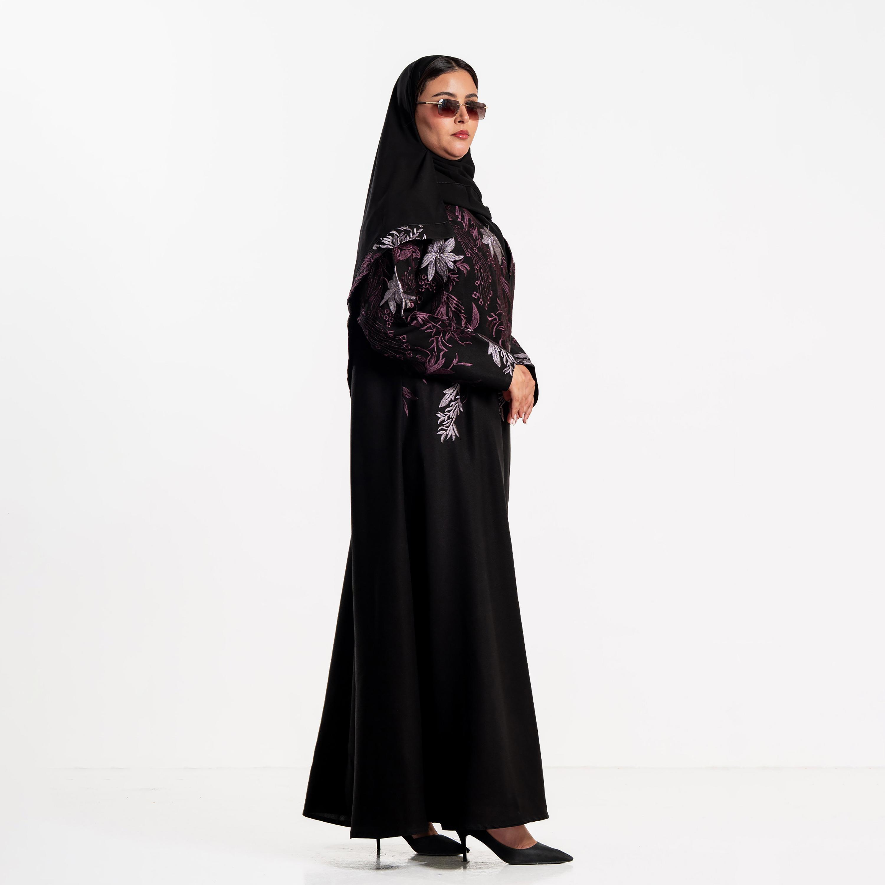 Zahiyh Black Floral Embroidered Women's Evening Flared Abaya with Hijab-women-arabicclothing-abayas-image-3