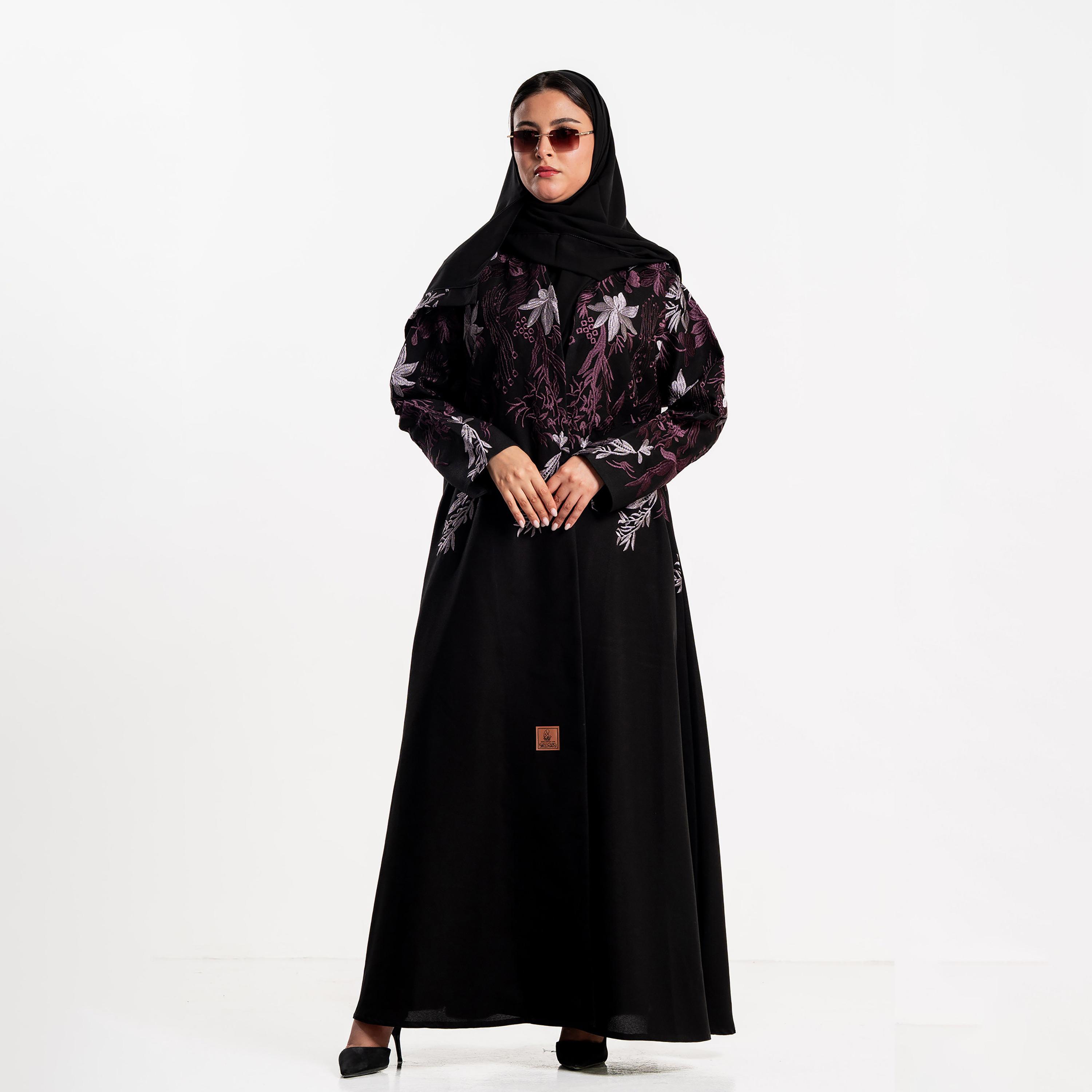 Zahiyh Black Floral Embroidered Women's Evening Flared Abaya with Hijab-women-arabicclothing-abayas-image-4