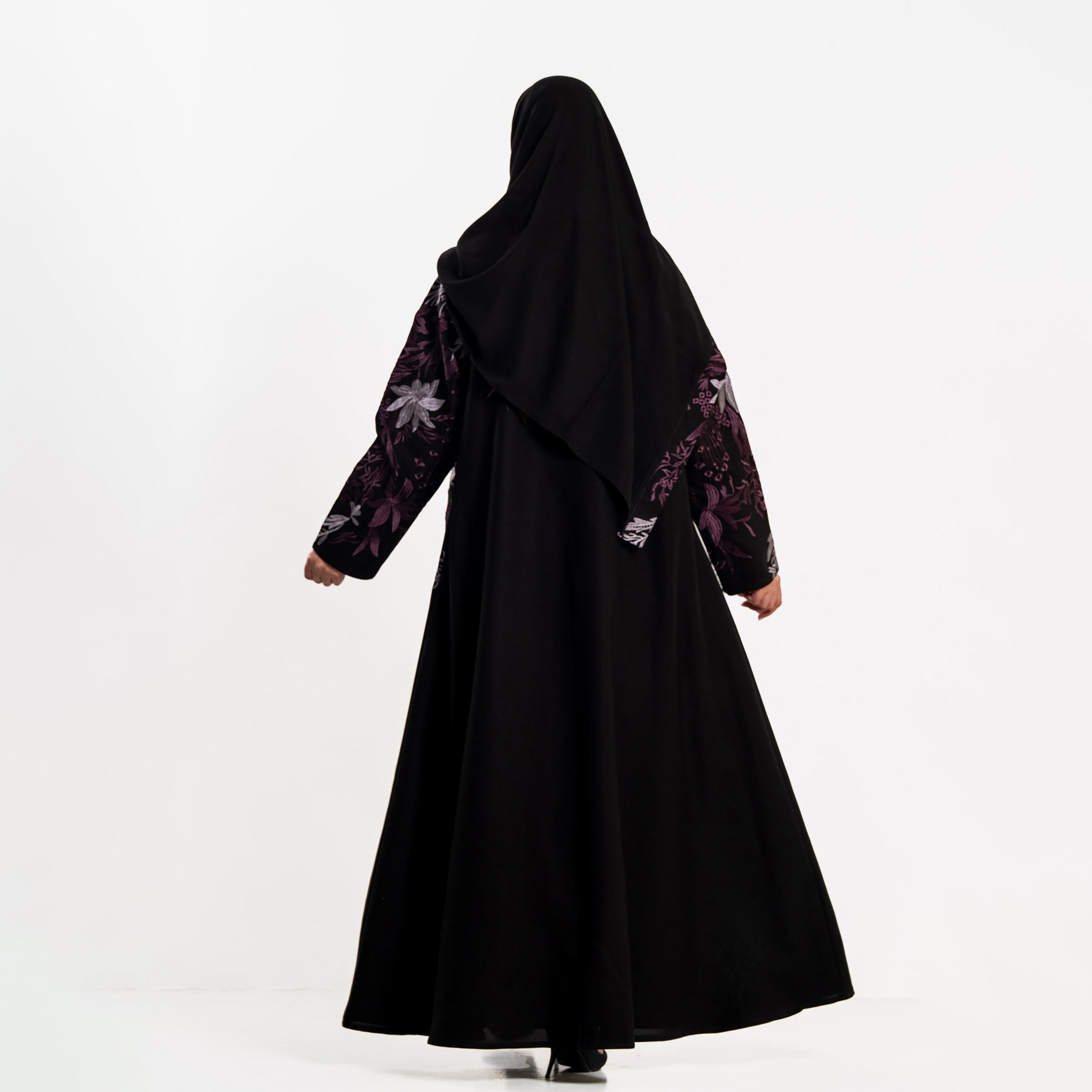 Zahiyh Black Floral Embroidered Women's Evening Flared Abaya with Hijab-women-arabicclothing-abayas-image-5
