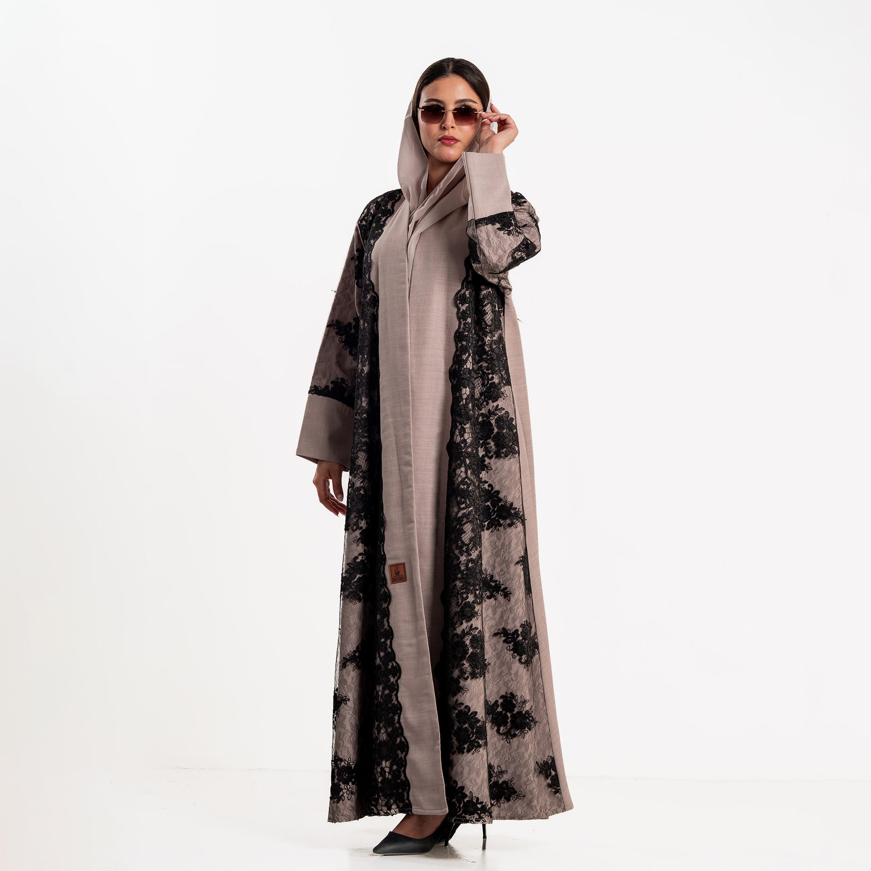 Zahiyh Floral Lace Panelled Women's Evening Flared Abaya with Hijab-women-arabicclothing-abayas-image-1