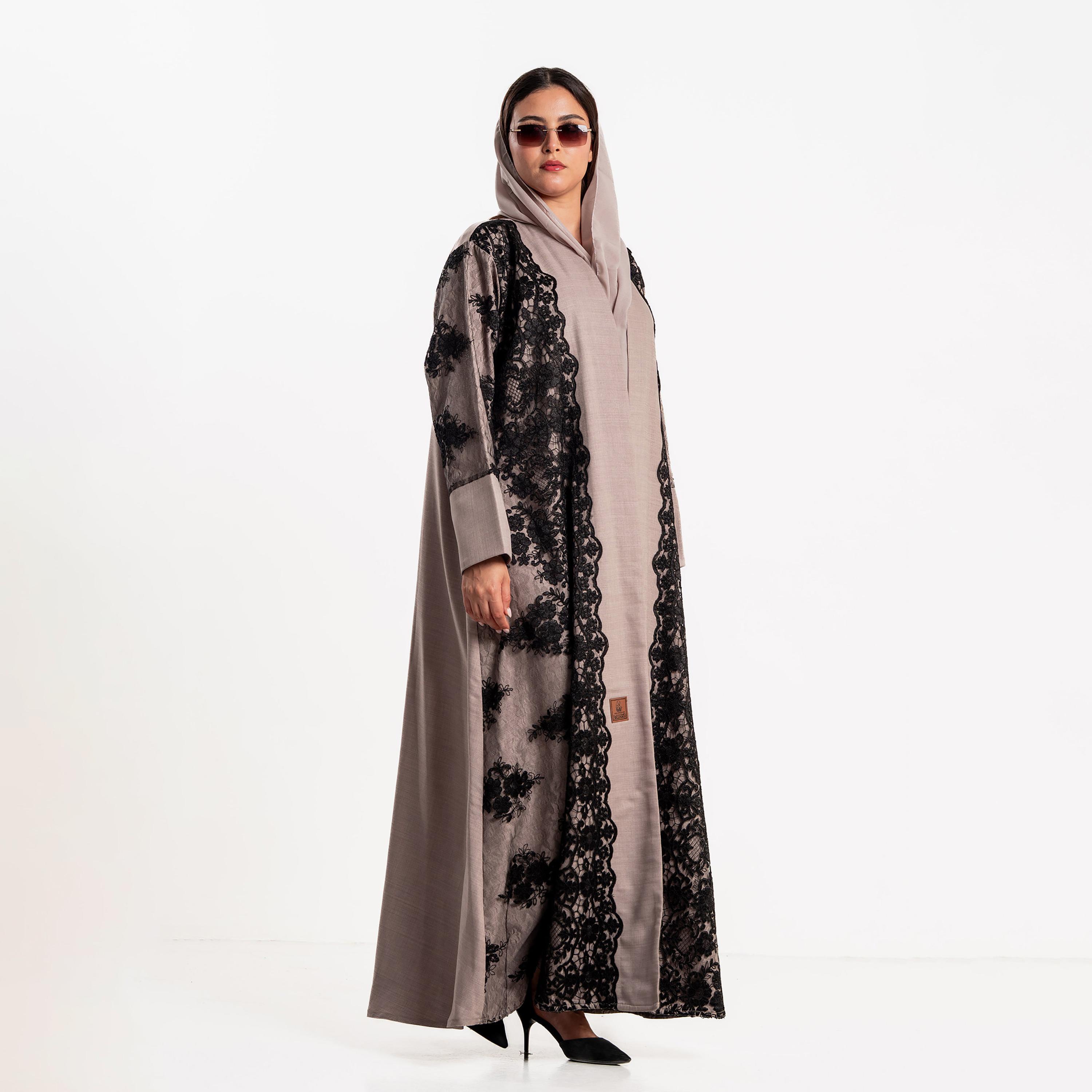 Zahiyh Floral Lace Panelled Women's Evening Flared Abaya with Hijab-women-arabicclothing-abayas-image-2