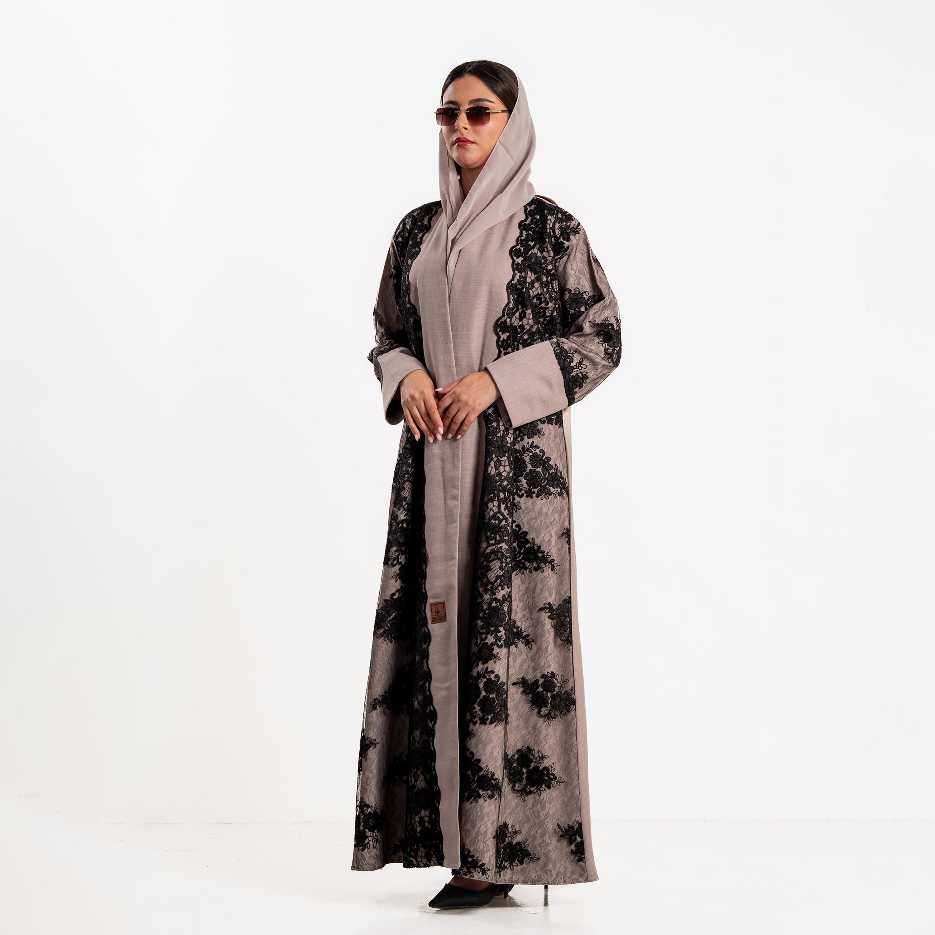 Zahiyh Floral Lace Panelled Women's Evening Flared Abaya with Hijab-women-arabicclothing-abayas-image-3