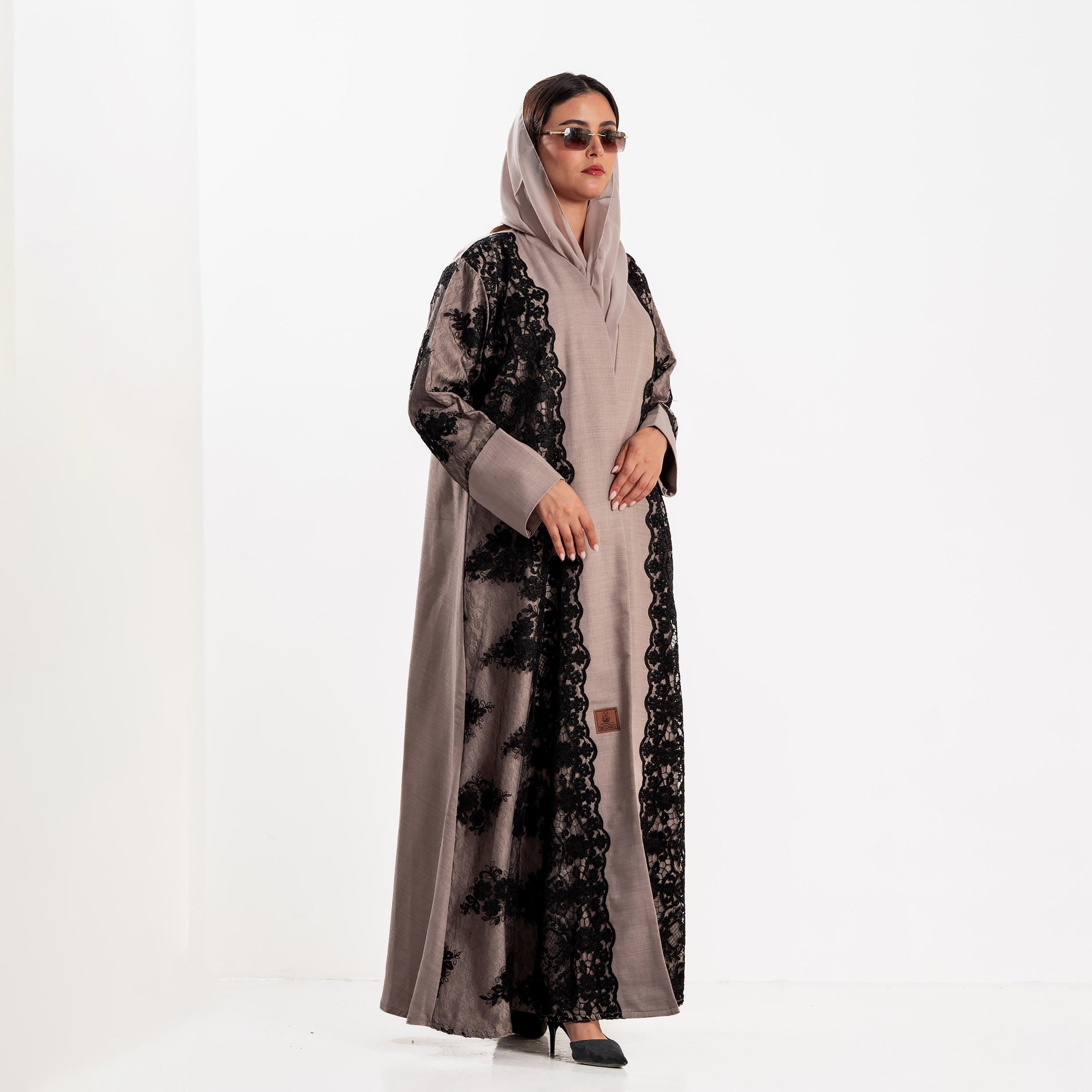 Zahiyh Floral Lace Panelled Women's Evening Flared Abaya with Hijab-women-arabicclothing-abayas-image-4