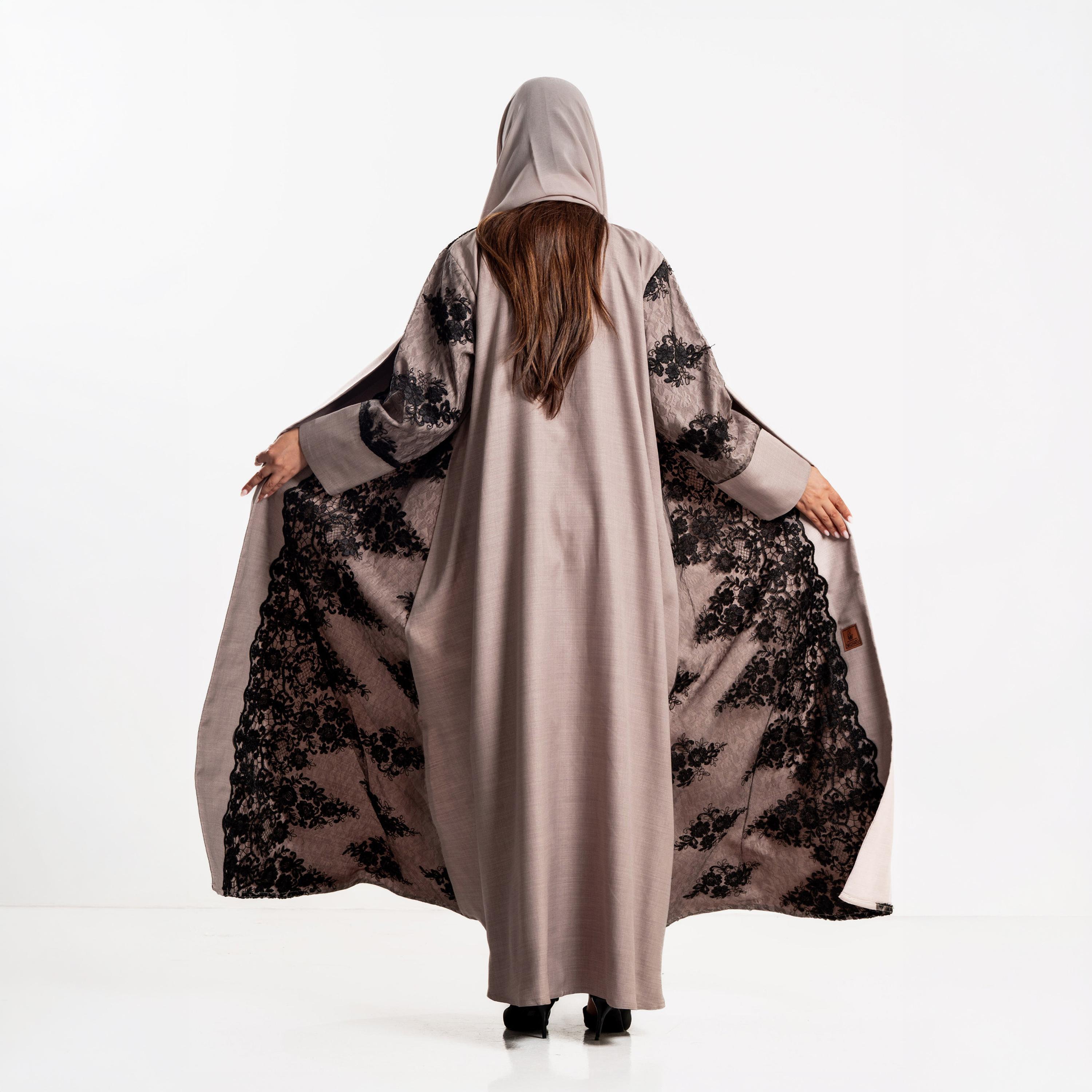 Zahiyh Floral Lace Panelled Women's Evening Flared Abaya with Hijab-women-arabicclothing-abayas-image-5