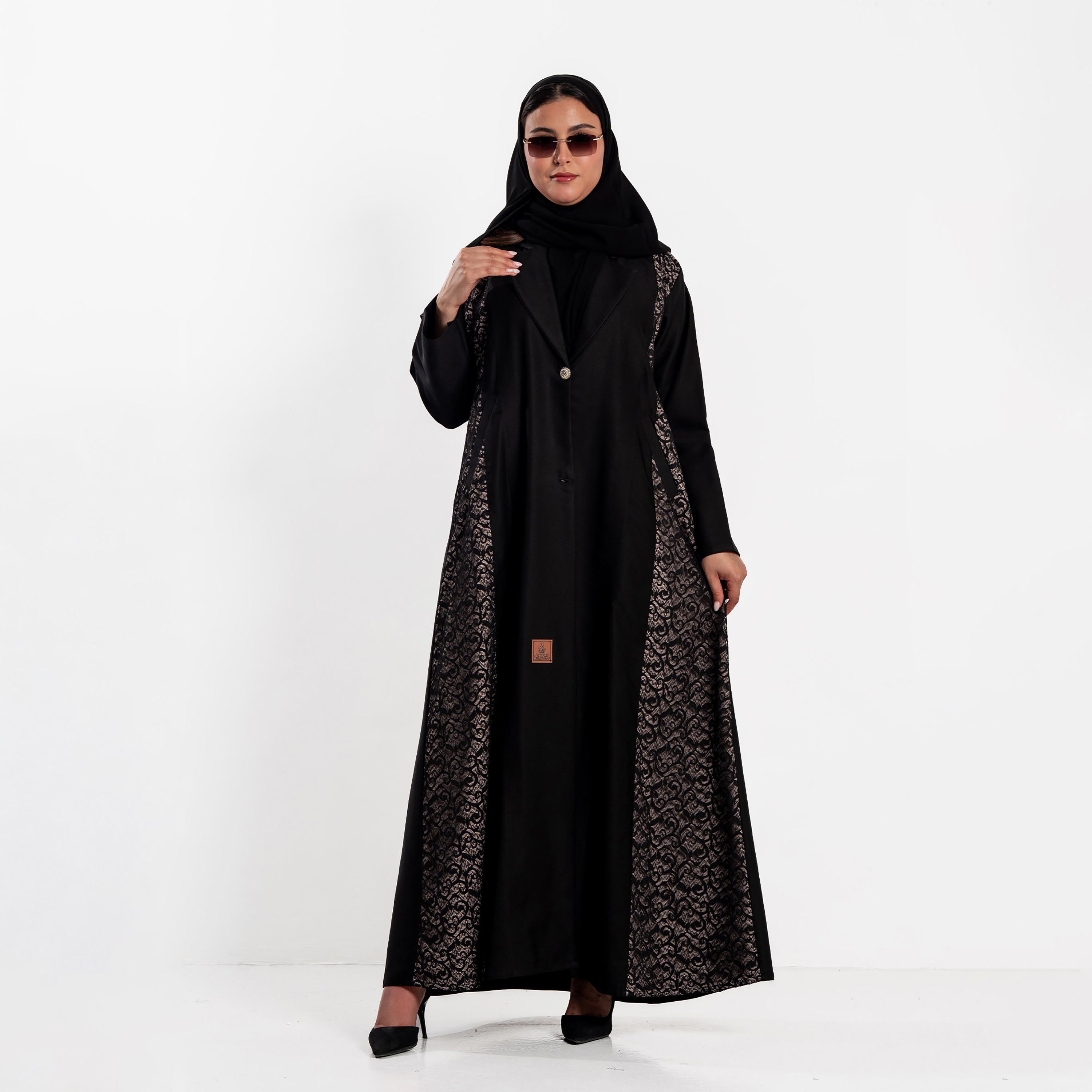 Zahiyh Black Lace Panelled Lapel Collar Women's Evening Abaya with Hijab-women-arabicclothing-abayas-image-1