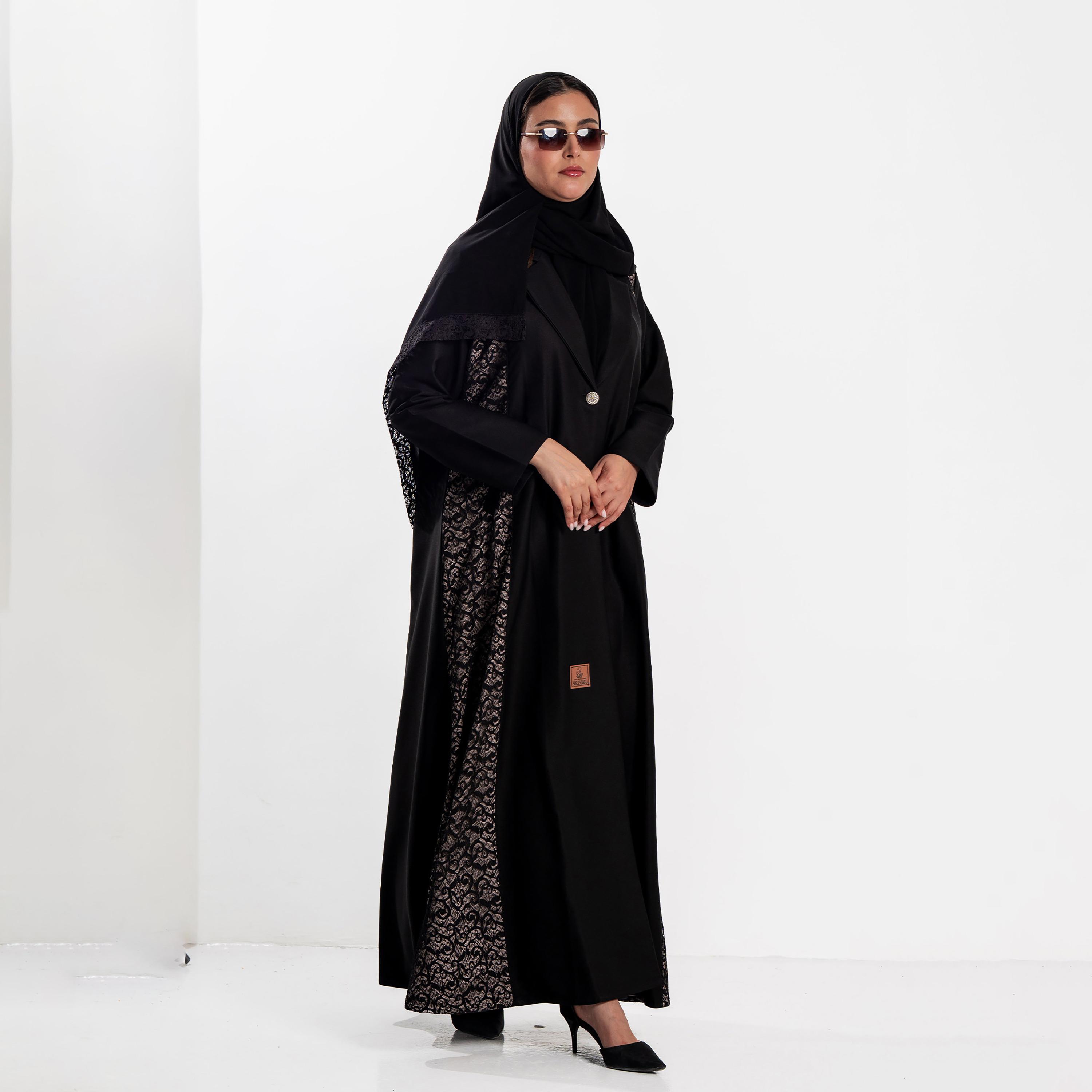 Zahiyh Black Lace Panelled Lapel Collar Women's Evening Abaya with Hijab-women-arabicclothing-abayas-image-2