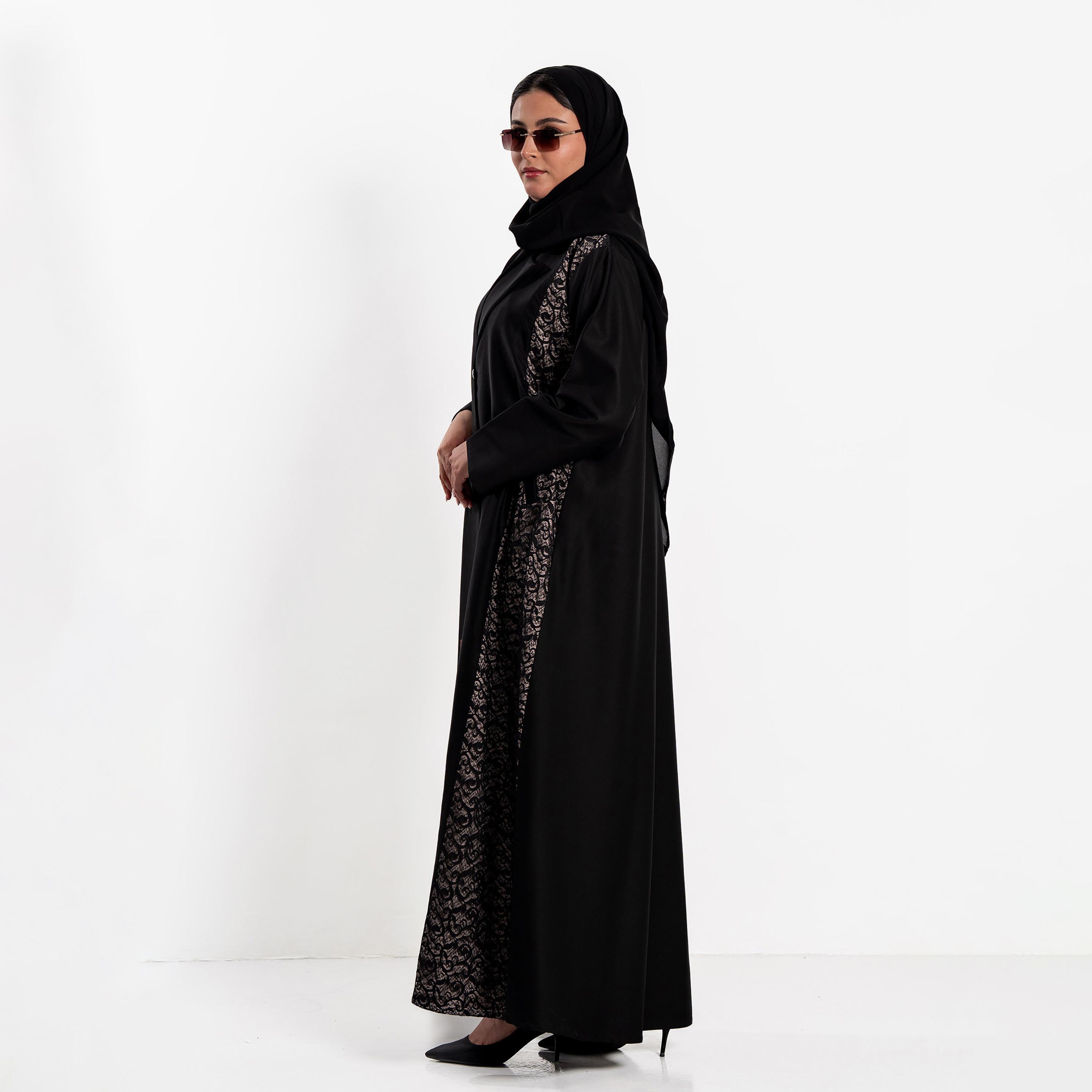 Zahiyh Black Lace Panelled Lapel Collar Women's Evening Abaya with Hijab-women-arabicclothing-abayas-image-3