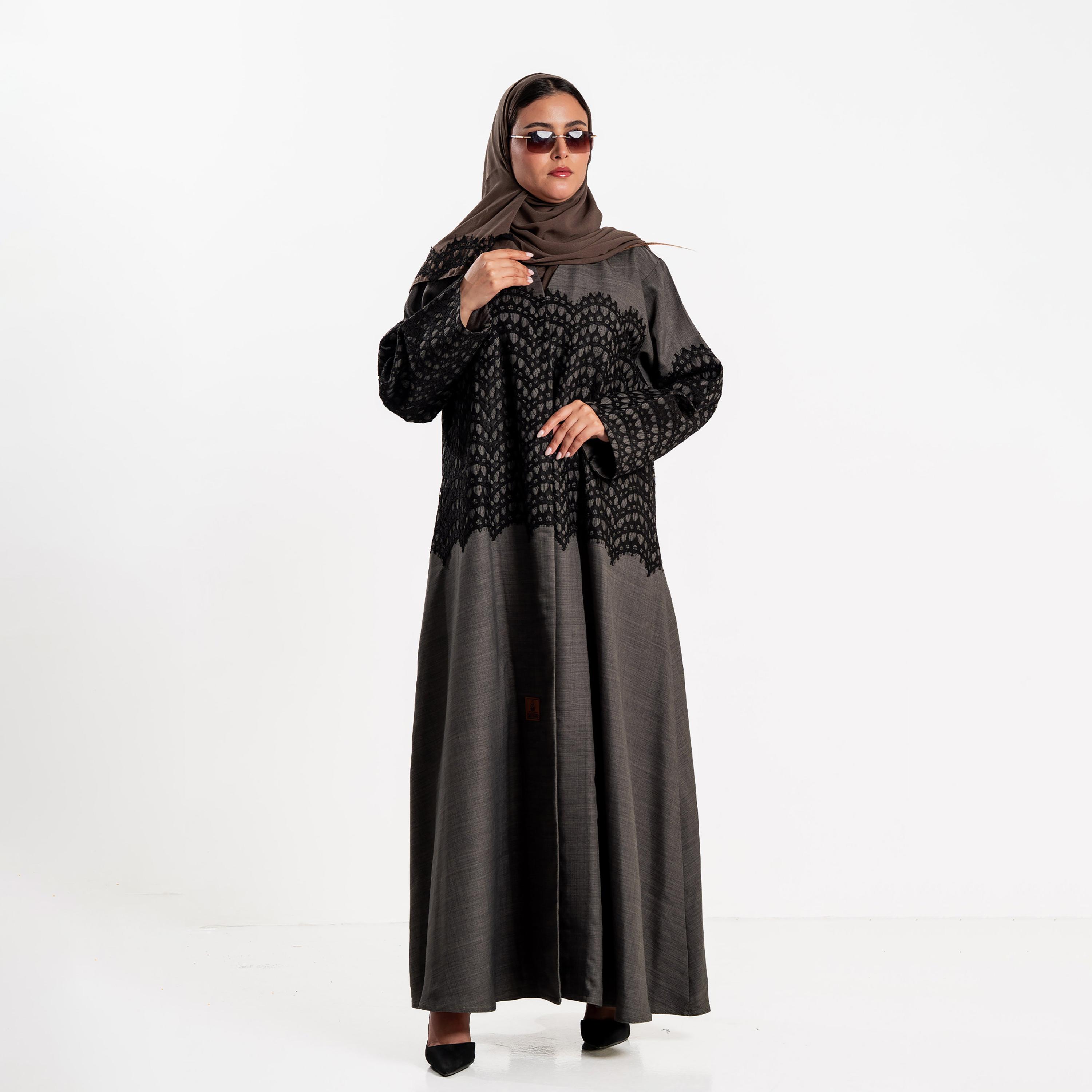 Zahiyh Grey Lace Panelled Women's Flared Abaya with Hijab-women-arabicclothing-abayas-image-1