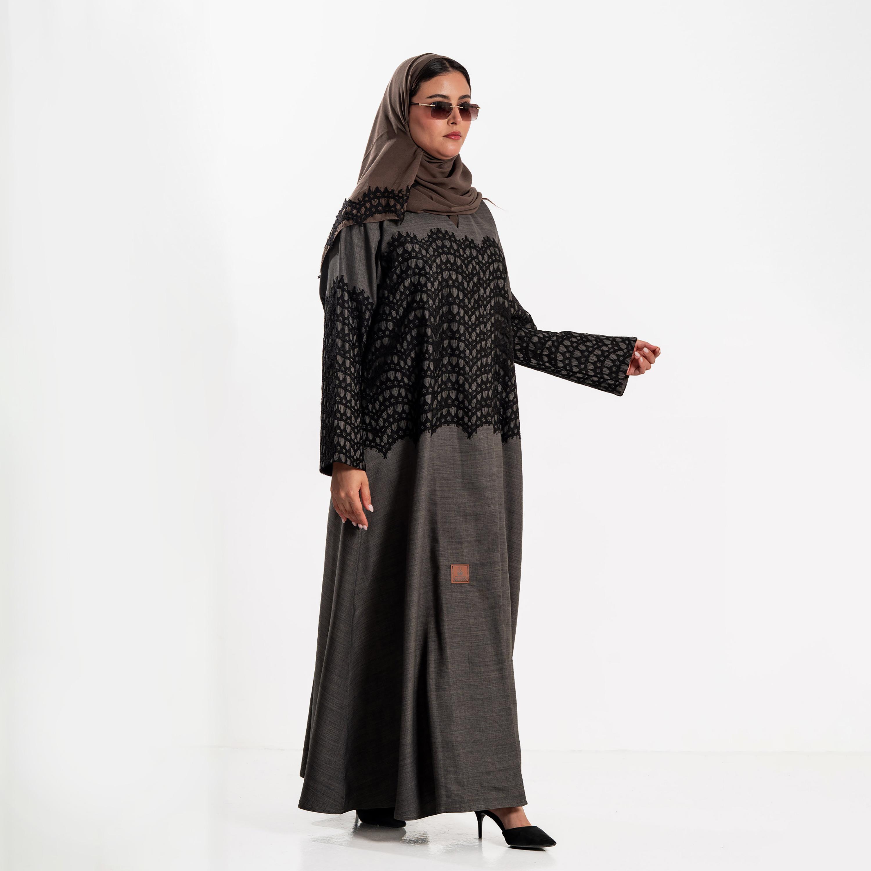 Zahiyh Grey Lace Panelled Women's Flared Abaya with Hijab-women-arabicclothing-abayas-image-2