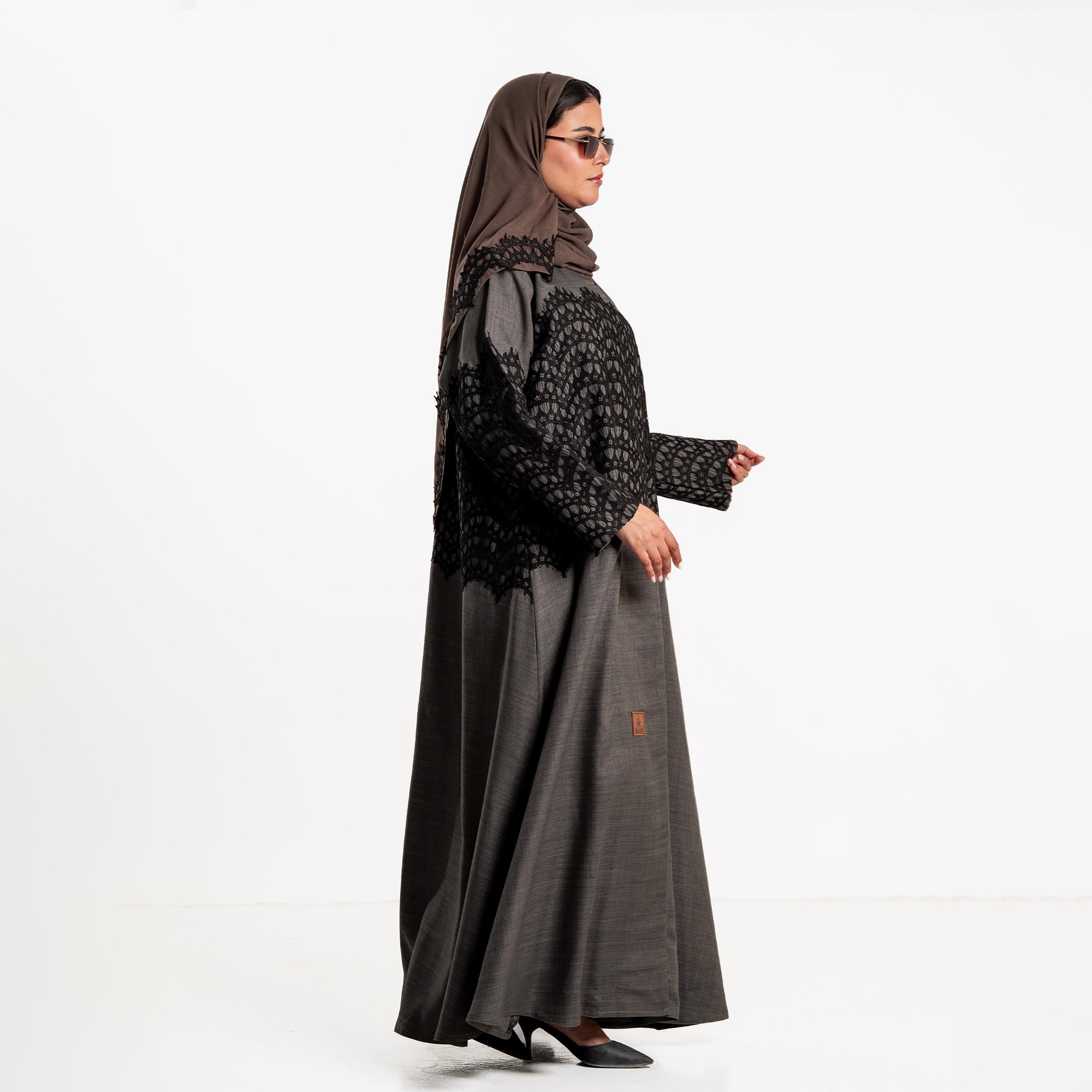 Zahiyh Grey Lace Panelled Women's Flared Abaya with Hijab-women-arabicclothing-abayas-image-3