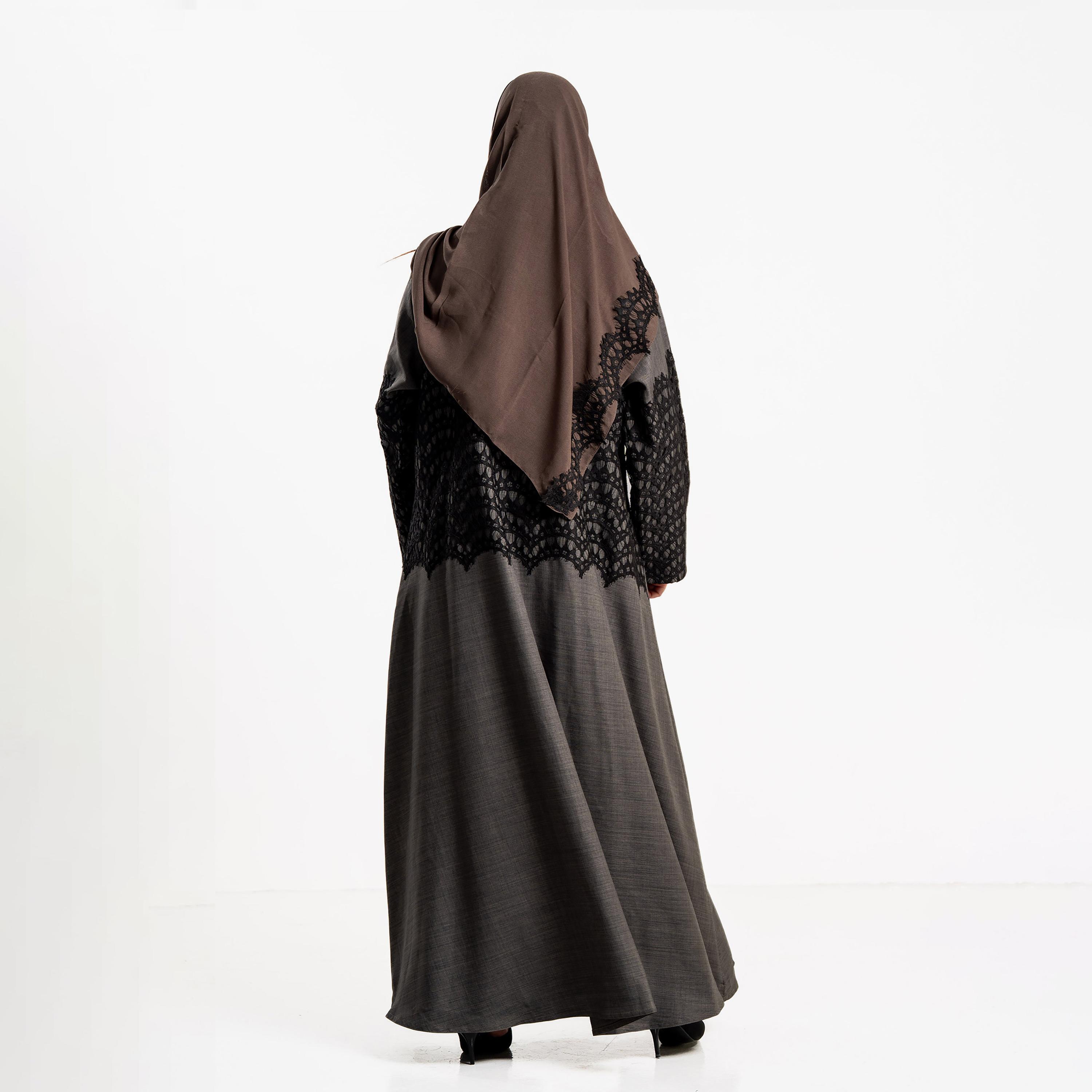 Zahiyh Grey Lace Panelled Women's Flared Abaya with Hijab-women-arabicclothing-abayas-image-4