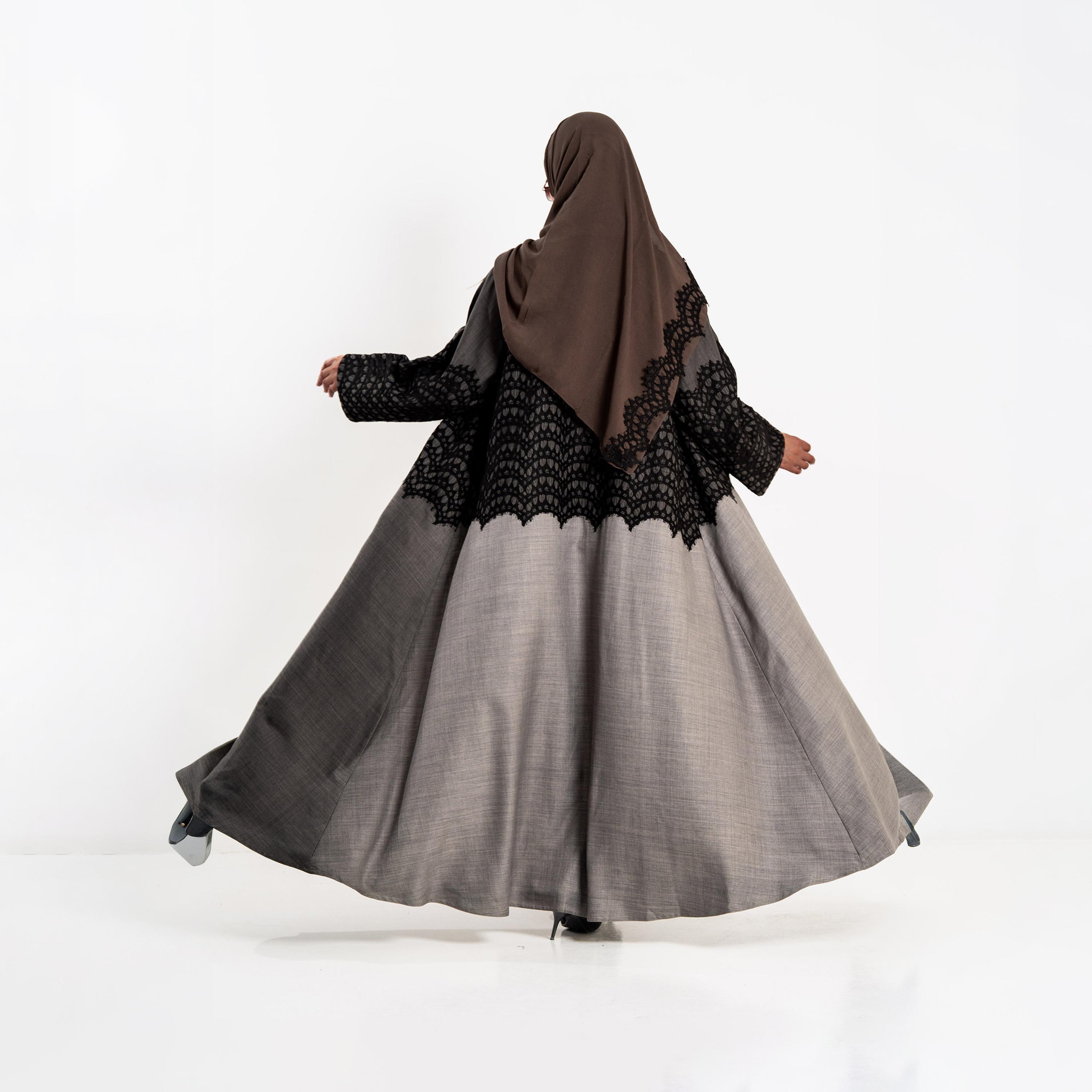 Zahiyh Grey Lace Panelled Women's Flared Abaya with Hijab-women-arabicclothing-abayas-image-5