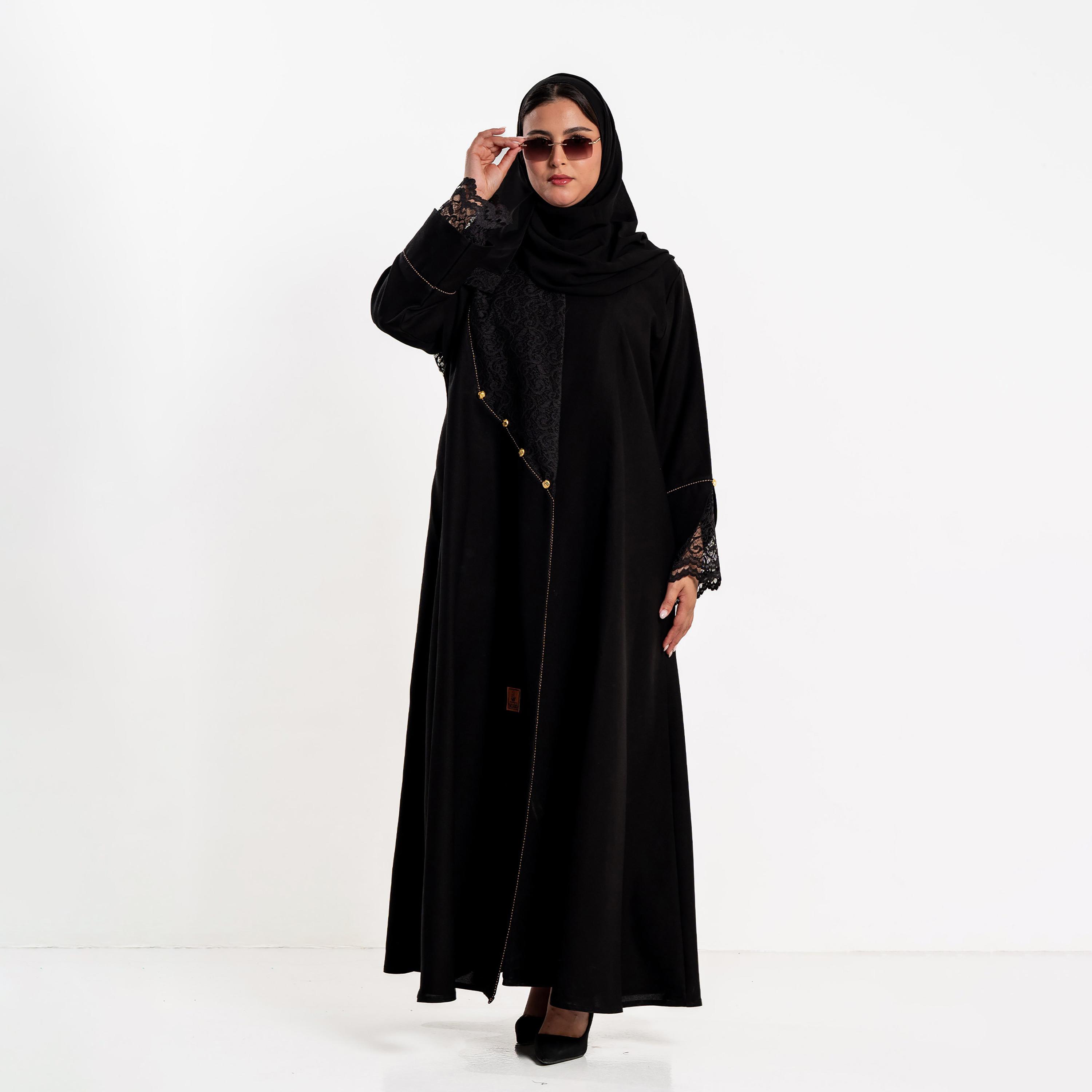 Zahiyh Black Lace Panelled Women's Abaya with Hijab-women-arabicclothing-abayas-image-1