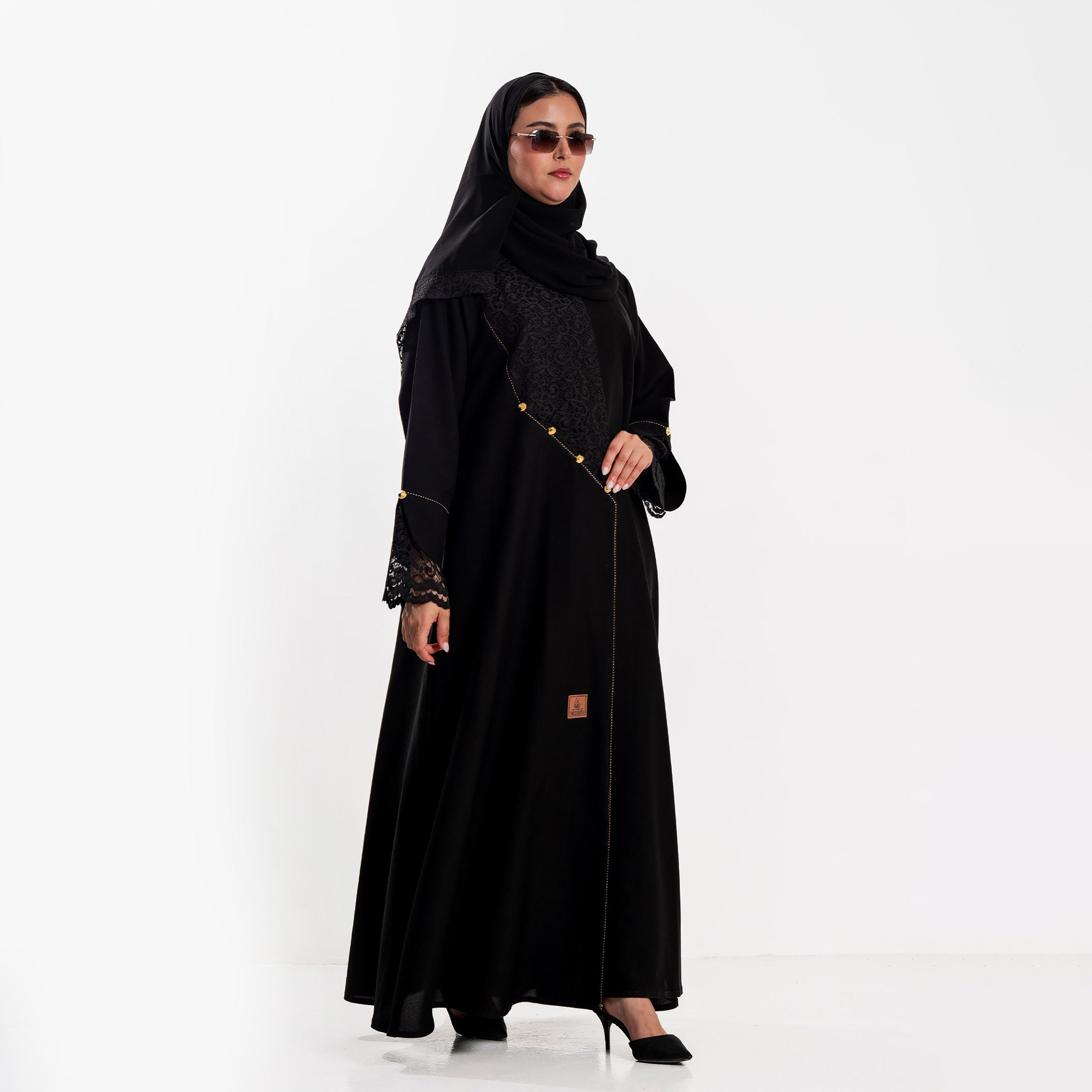 Zahiyh Black Lace Panelled Women's Abaya with Hijab-women-arabicclothing-abayas-image-2