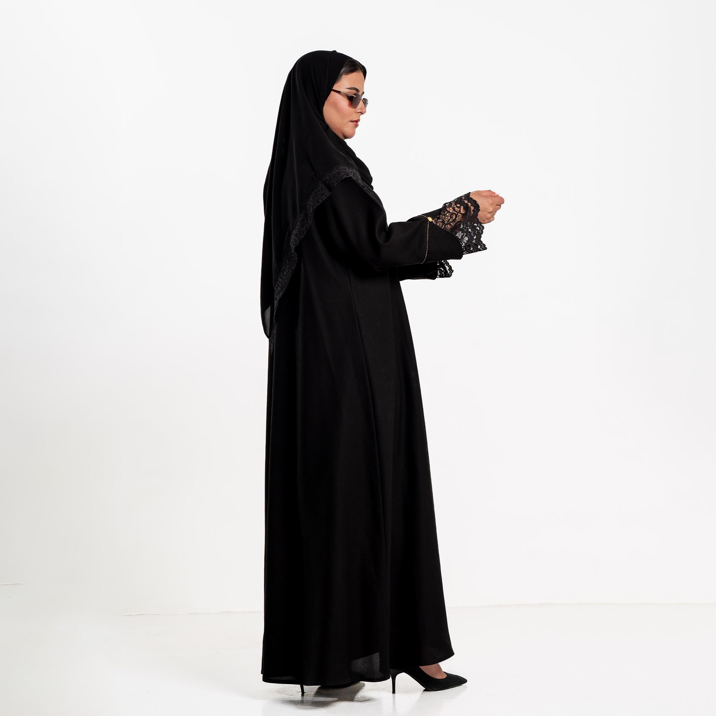 Zahiyh Black Lace Panelled Women's Abaya with Hijab-women-arabicclothing-abayas-image-3