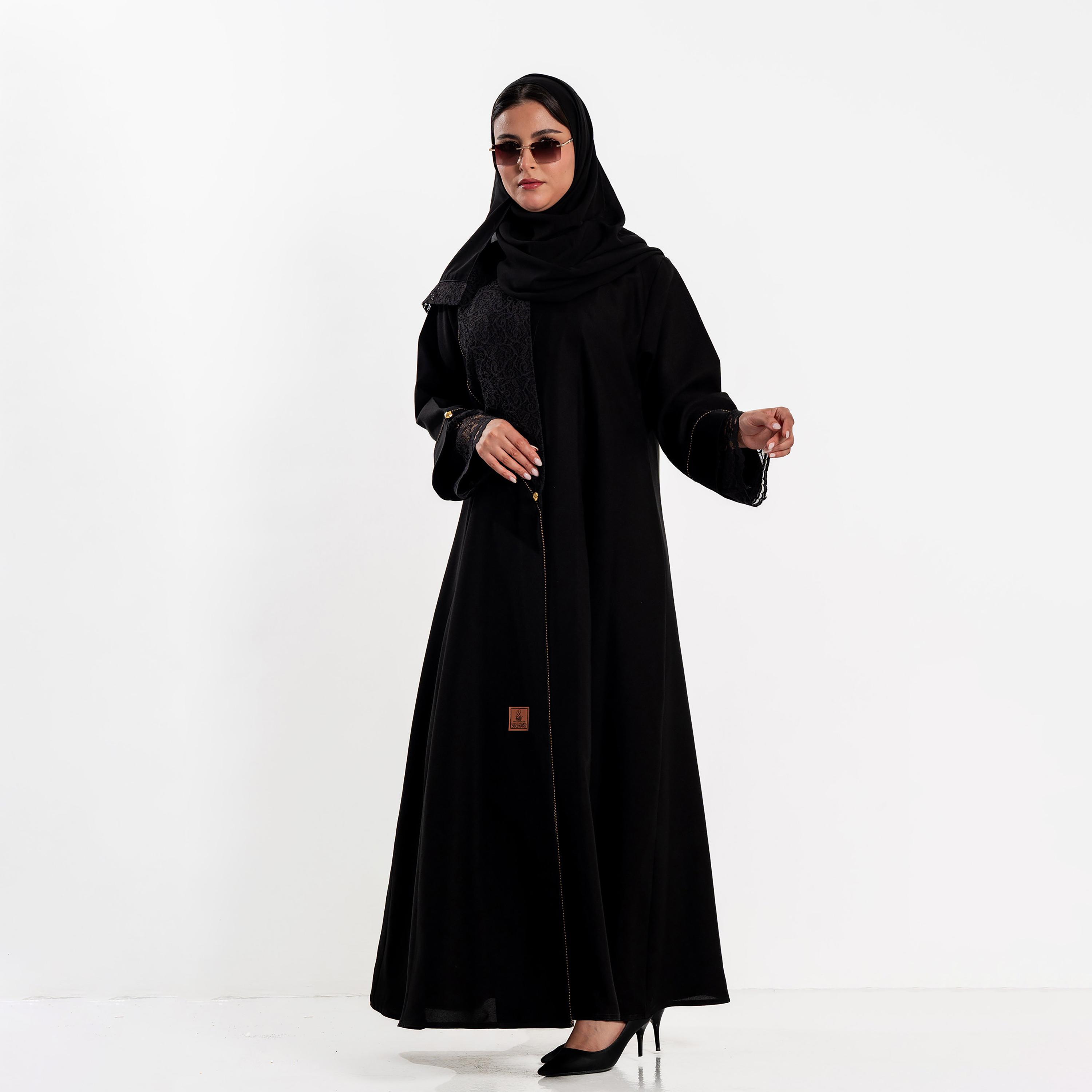 Zahiyh Black Lace Panelled Women's Abaya with Hijab-women-arabicclothing-abayas-image-4