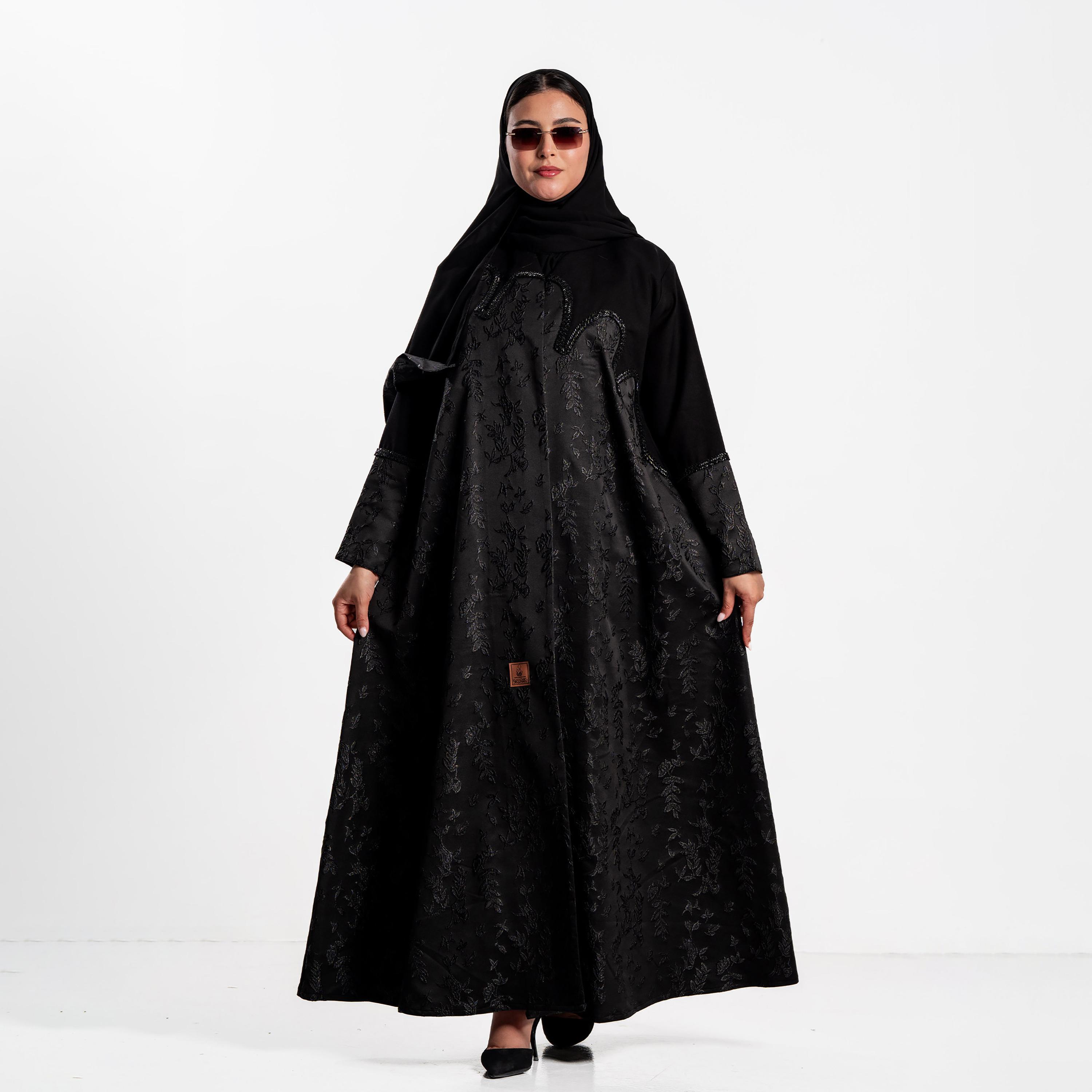 Zahiyh Black Jacquard Leaf Women's Evening Flared Abaya with Hijab-women-arabicclothing-abayas-image-1