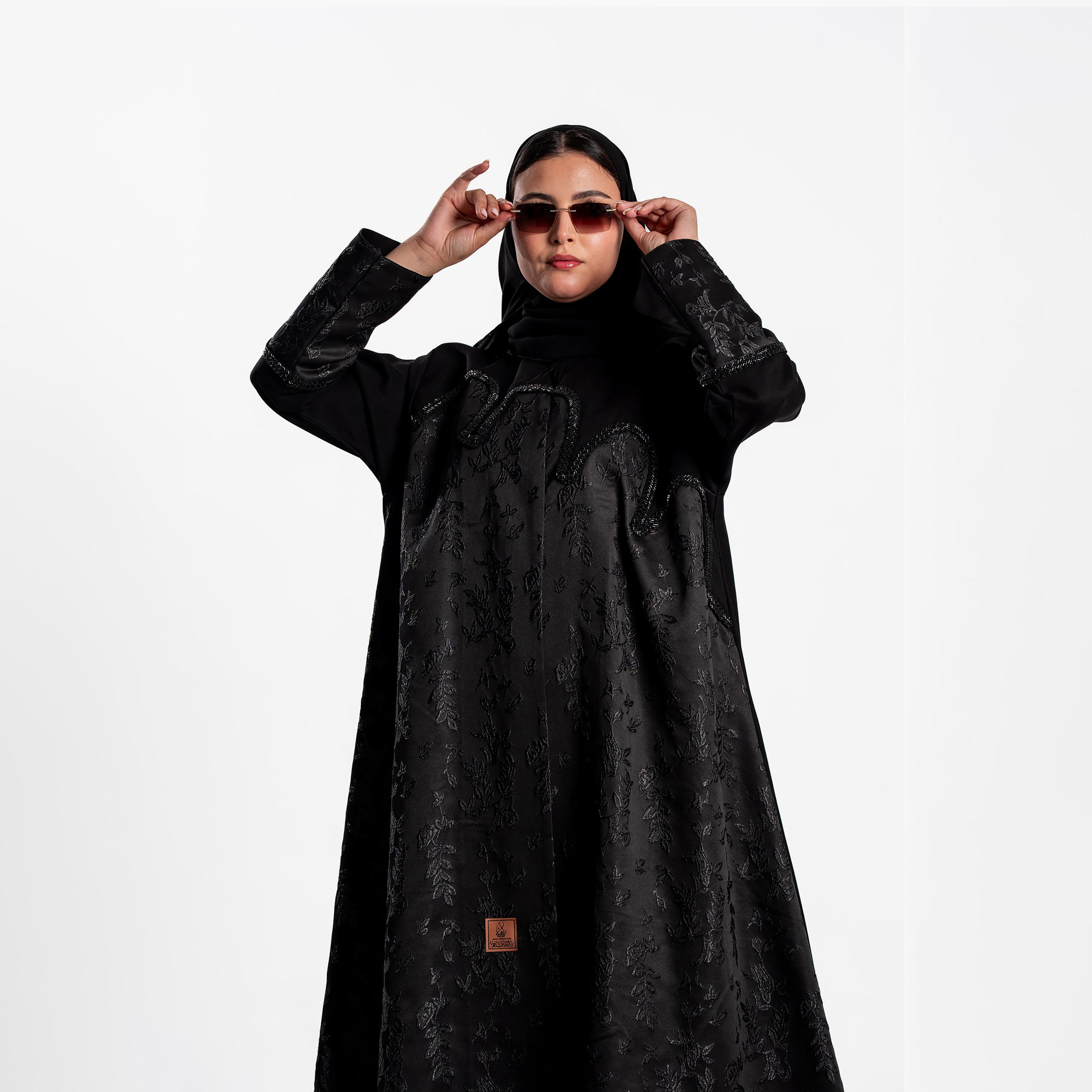 Zahiyh Black Jacquard Leaf Women's Evening Flared Abaya with Hijab-women-arabicclothing-abayas-image-2