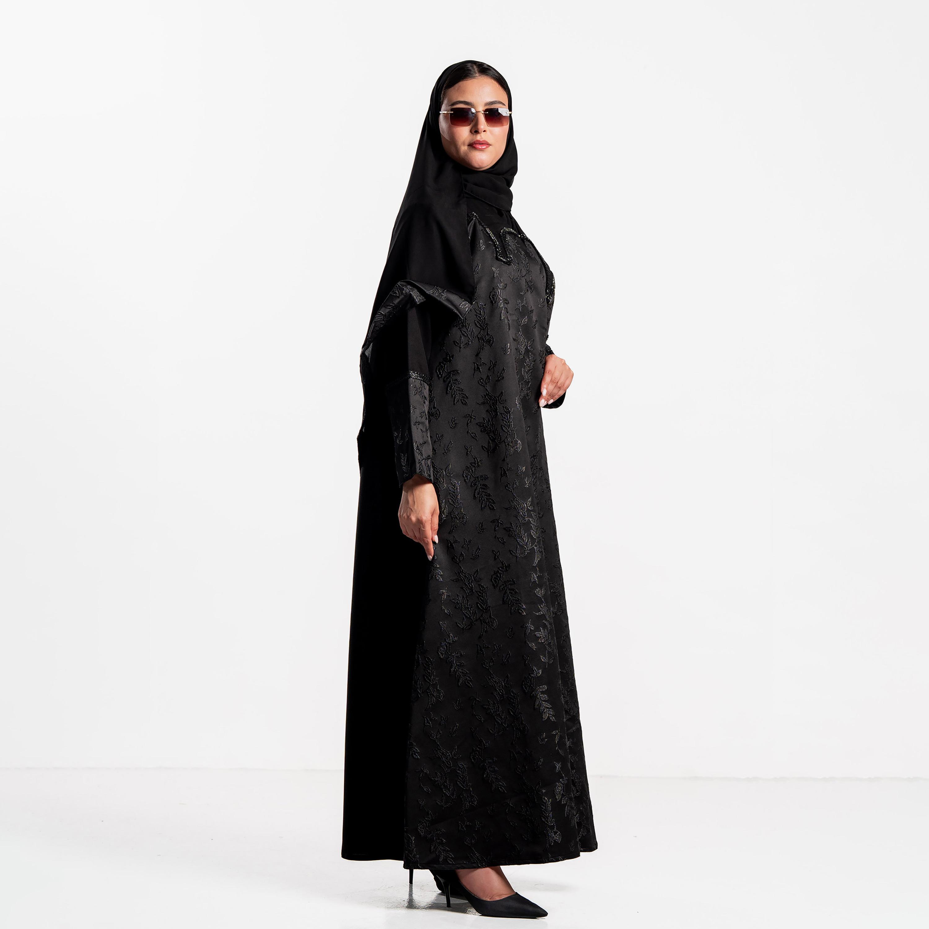 Zahiyh Black Jacquard Leaf Women's Evening Flared Abaya with Hijab-women-arabicclothing-abayas-image-3