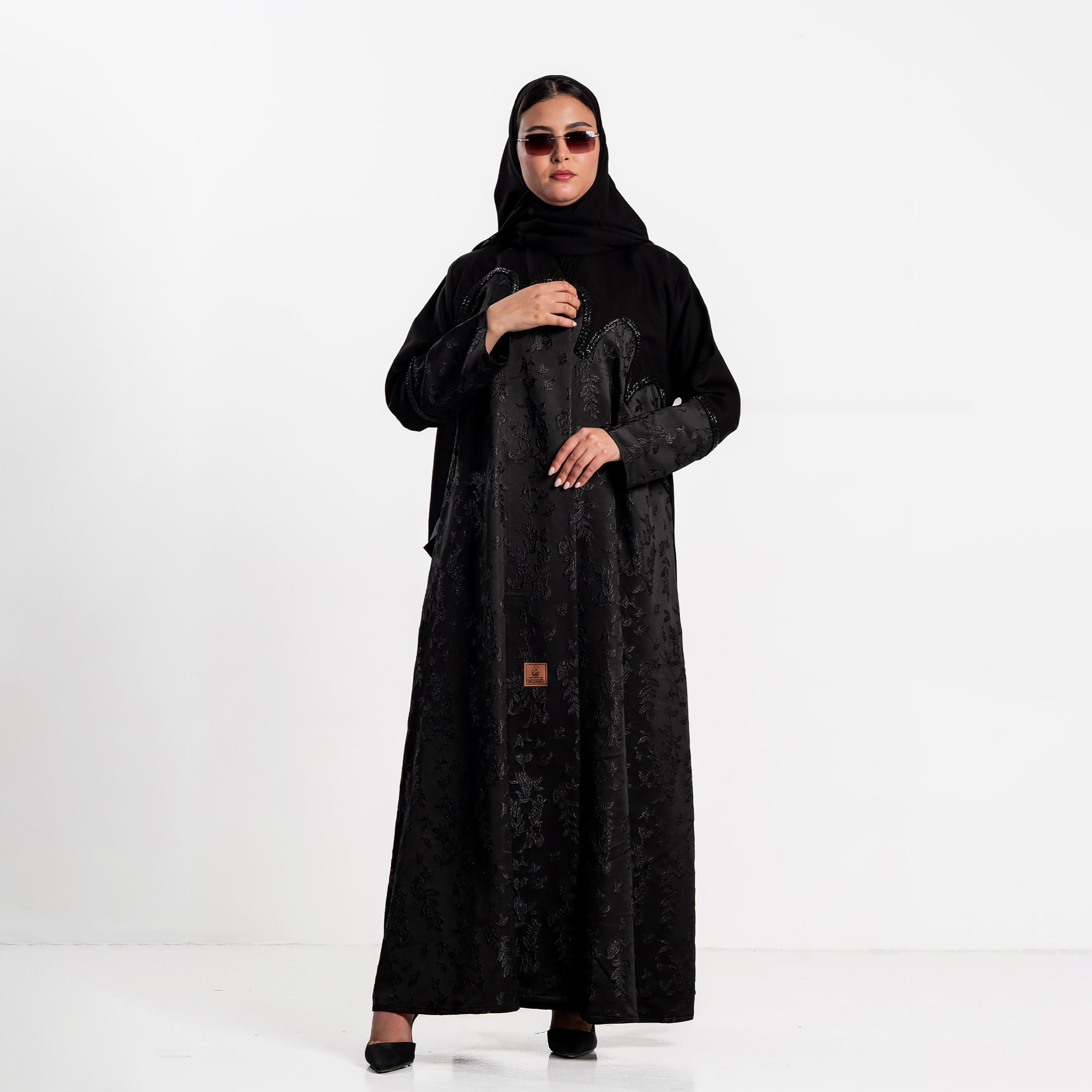 Zahiyh Black Jacquard Leaf Women's Evening Flared Abaya with Hijab-women-arabicclothing-abayas-image-4
