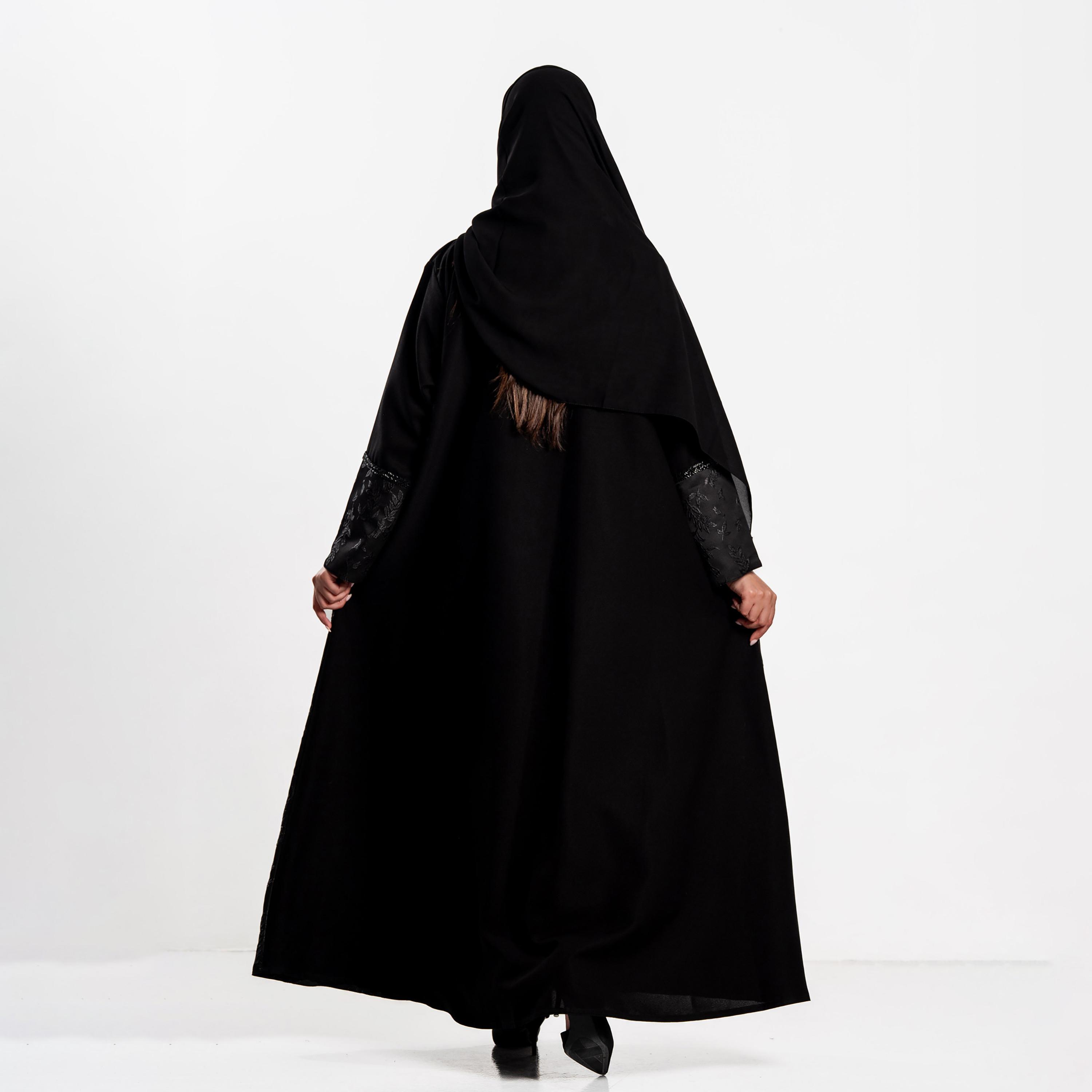 Zahiyh Black Jacquard Leaf Women's Evening Flared Abaya with Hijab-women-arabicclothing-abayas-image-5