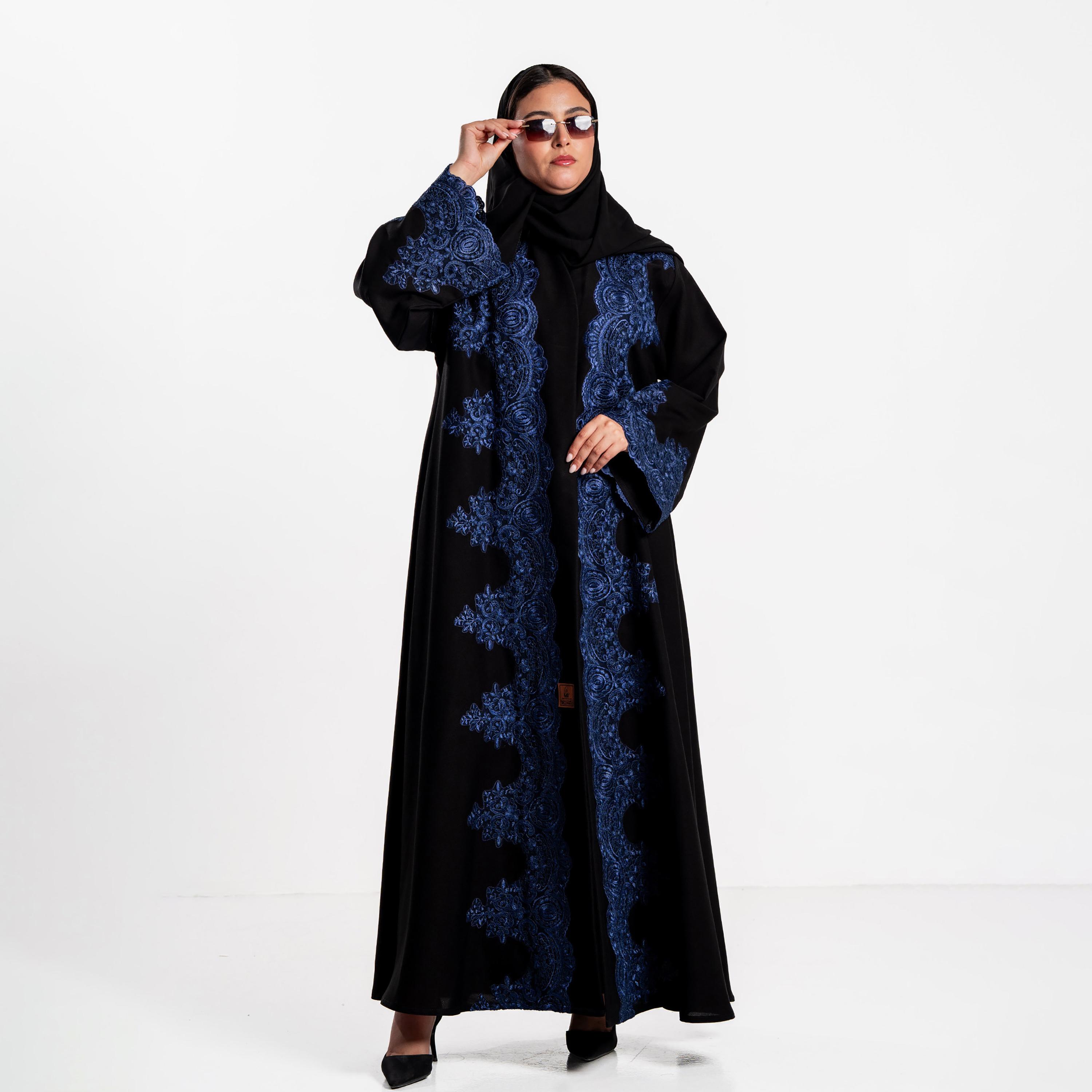 Zahiyh Deep Blue Lace Panelled Flared Sleeves Women's Evening Abaya with Hijab-women-arabicclothing-abayas-image-1