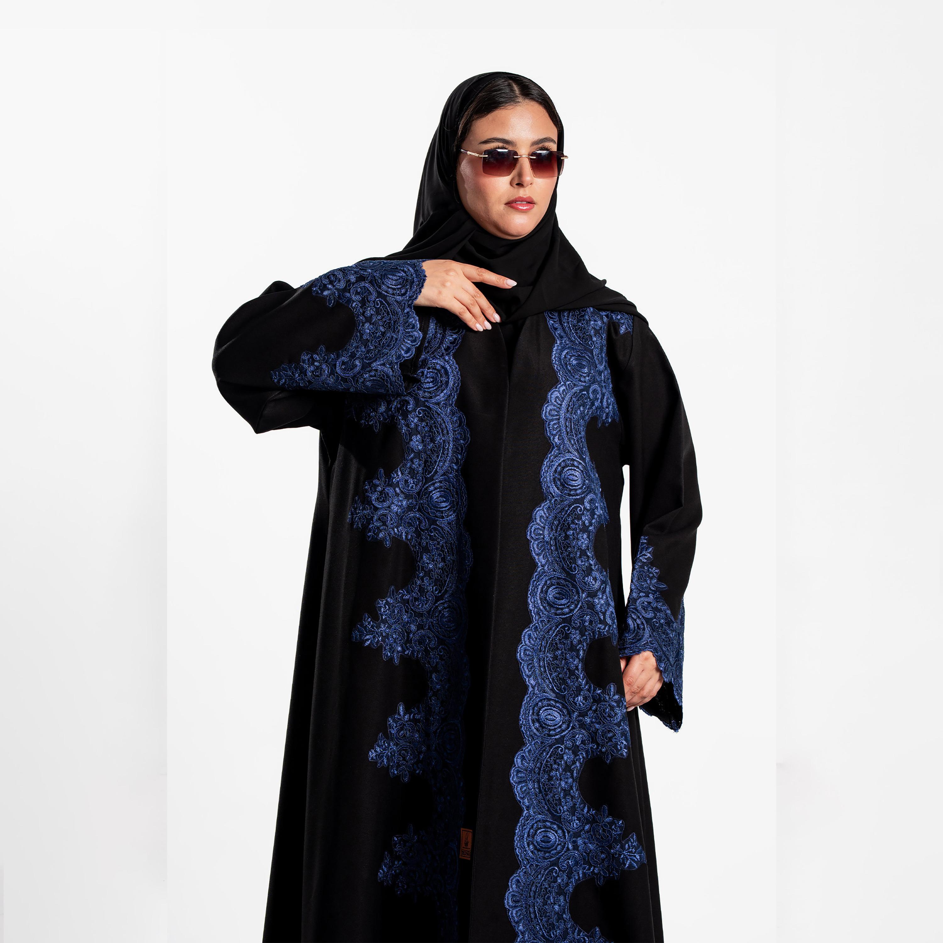 Zahiyh Deep Blue Lace Panelled Flared Sleeves Women's Evening Abaya with Hijab-women-arabicclothing-abayas-image-2