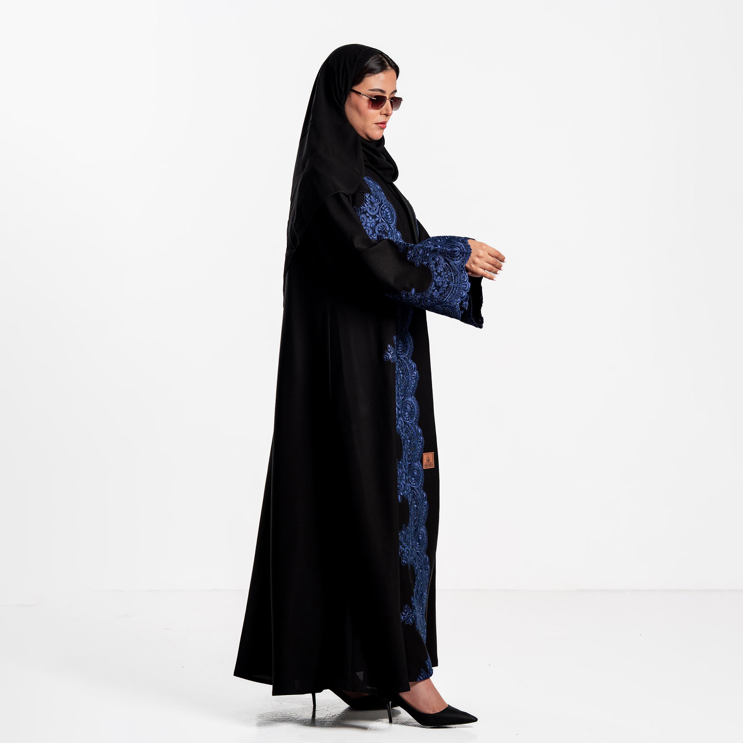 Zahiyh Deep Blue Lace Panelled Flared Sleeves Women's Evening Abaya with Hijab-women-arabicclothing-abayas-image-3