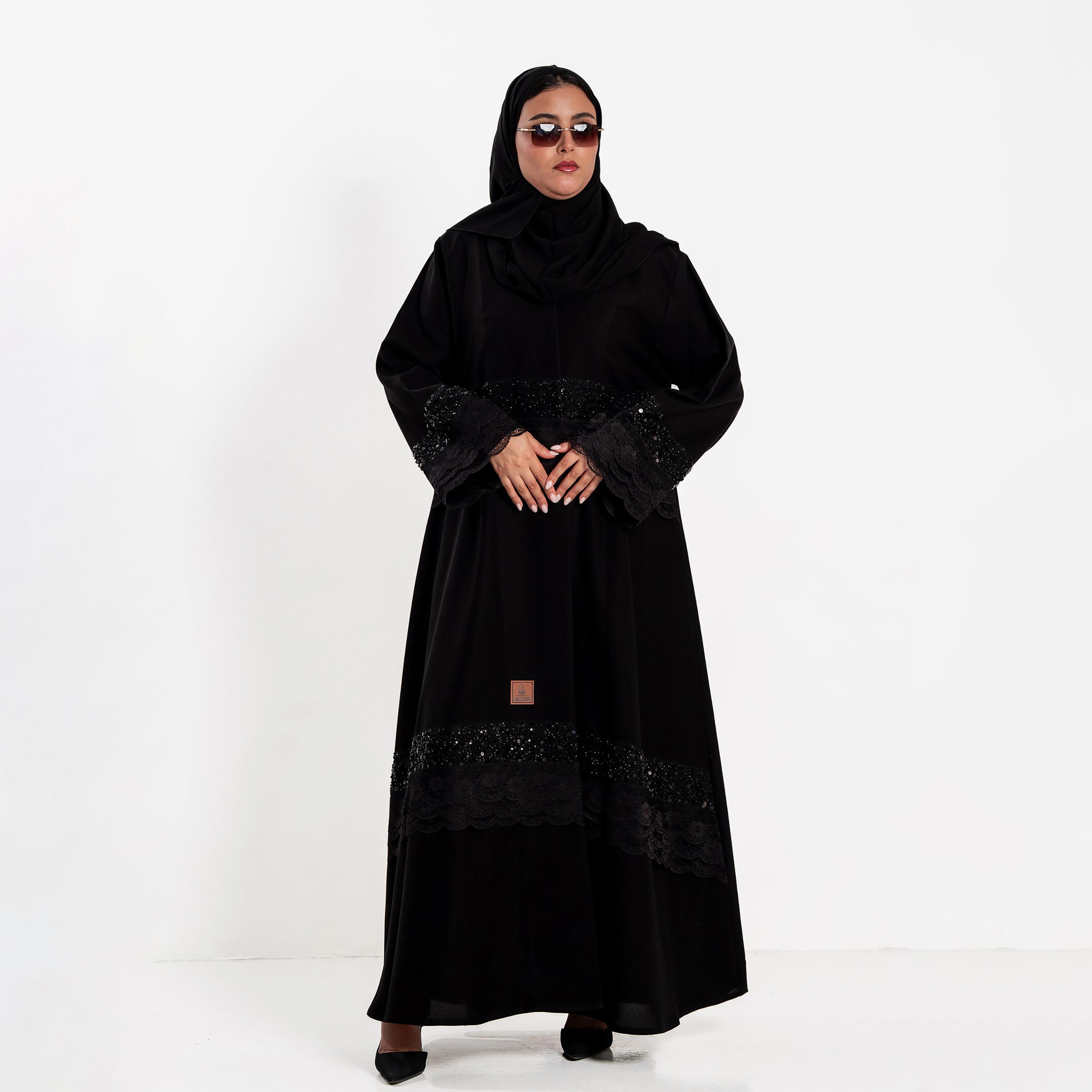 Zahiyh Beaded & Lace Detailed Wide Sleeves Women's Evening Abaya with Hijab-women-arabicclothing-abayas-image-1