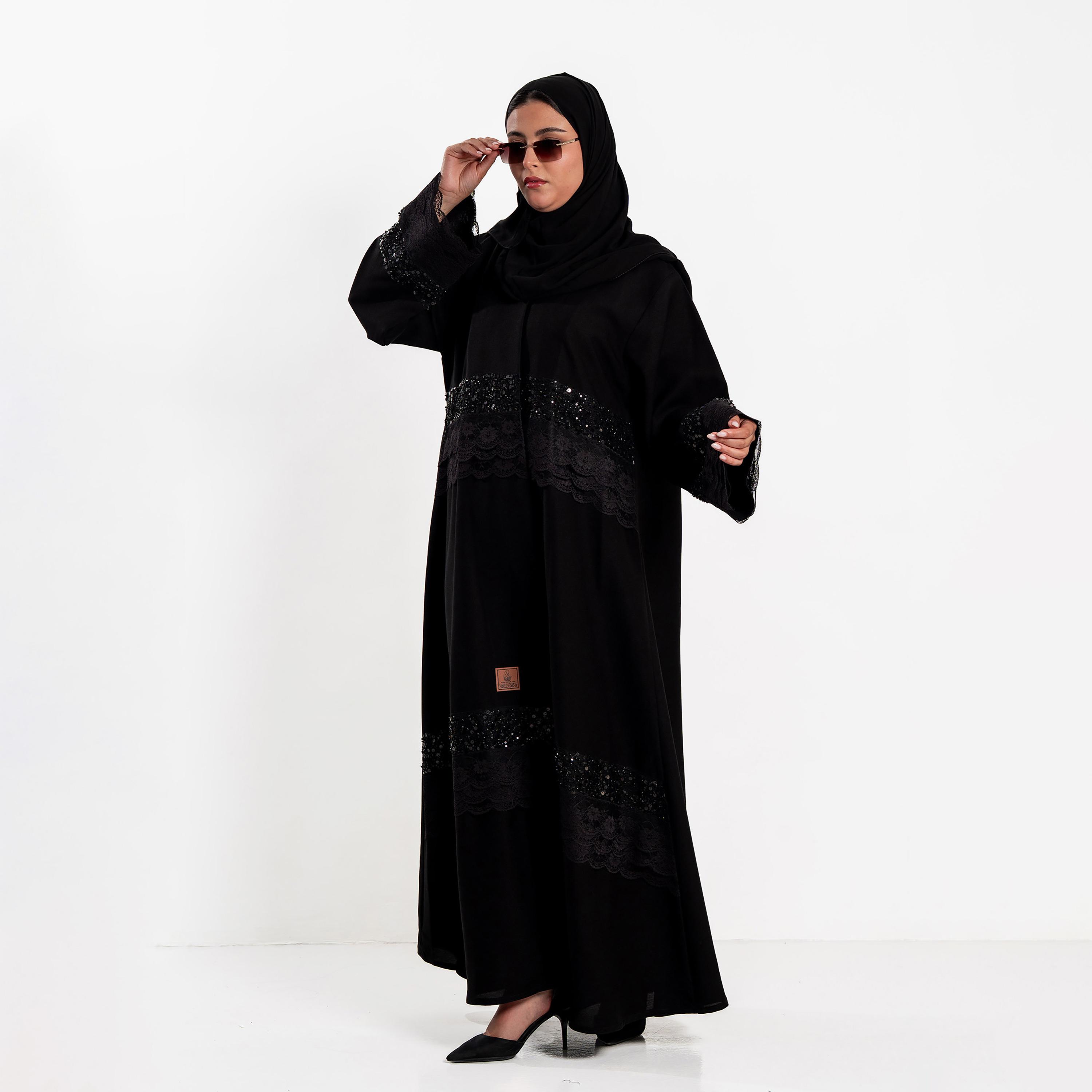 Zahiyh Beaded & Lace Detailed Wide Sleeves Women's Evening Abaya with Hijab-women-arabicclothing-abayas-image-2