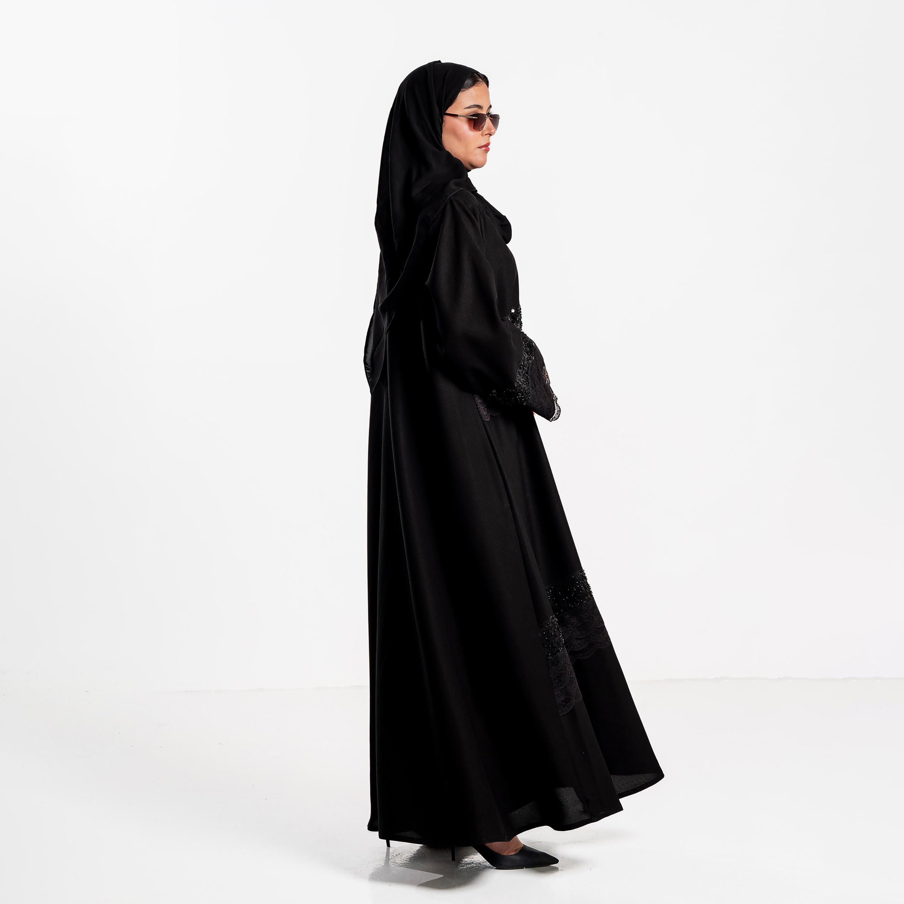 Zahiyh Beaded & Lace Detailed Wide Sleeves Women's Evening Abaya with Hijab-women-arabicclothing-abayas-image-3