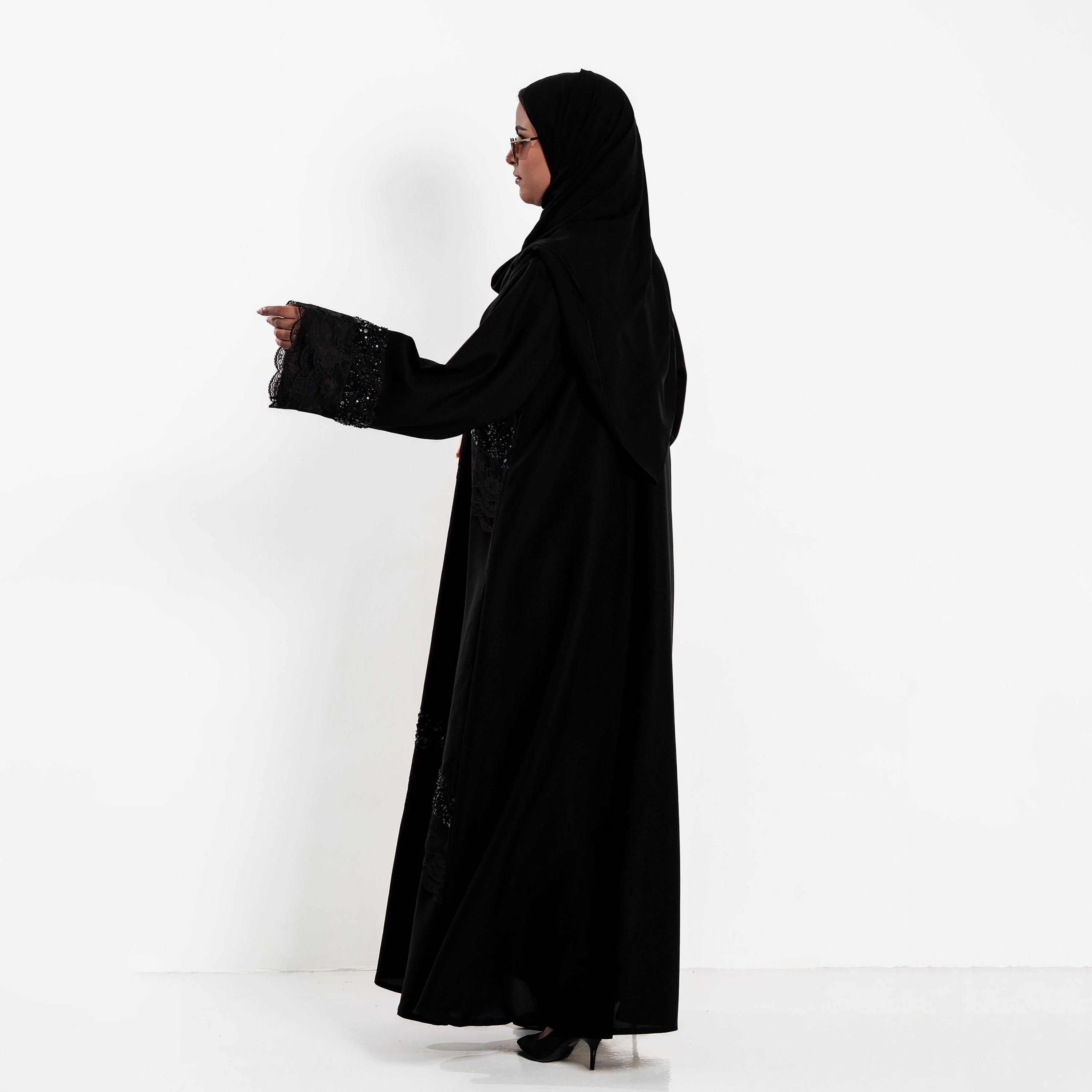 Zahiyh Beaded & Lace Detailed Wide Sleeves Women's Evening Abaya with Hijab-women-arabicclothing-abayas-image-4