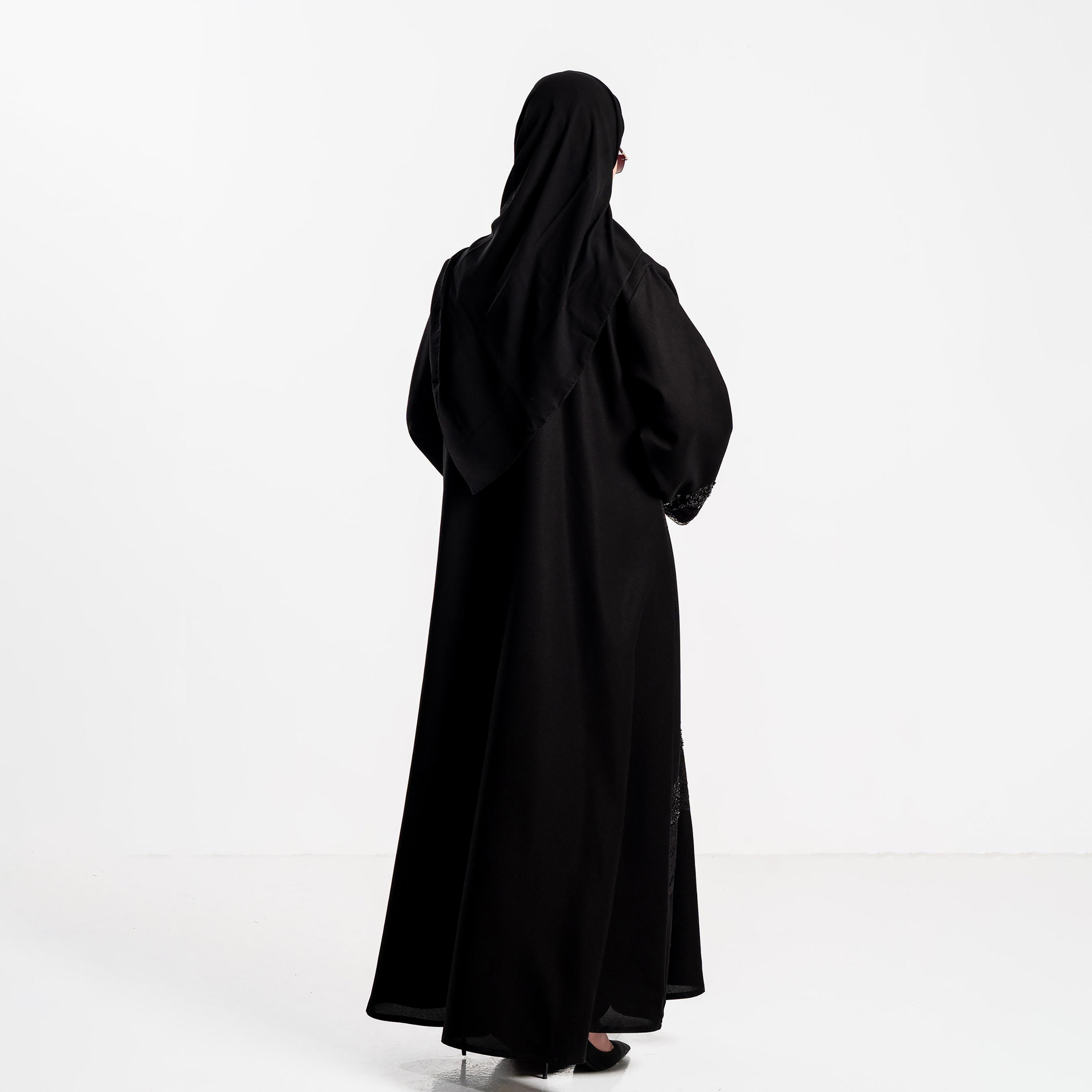 Zahiyh Beaded & Lace Detailed Wide Sleeves Women's Evening Abaya with Hijab-women-arabicclothing-abayas-image-5