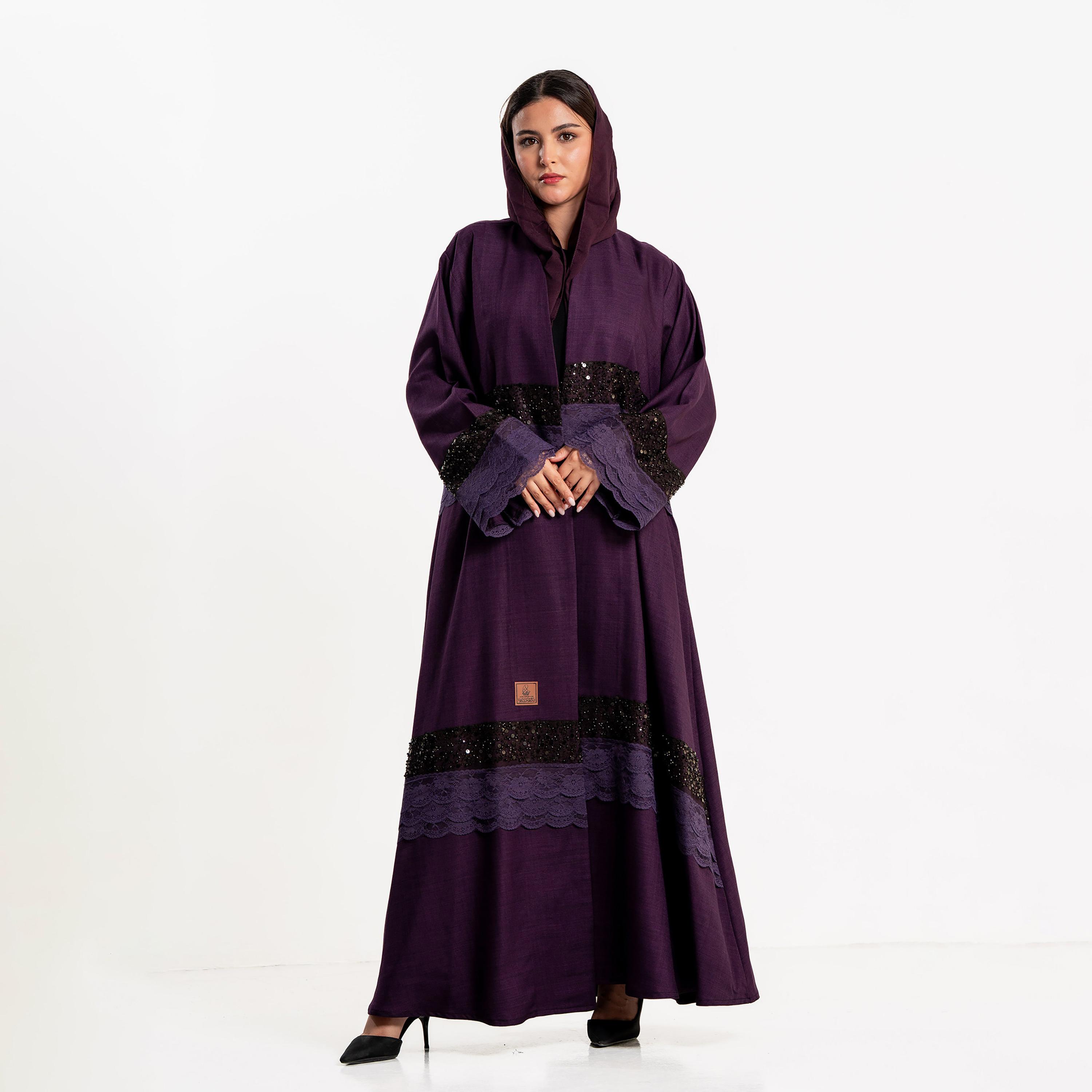 Zahiyh Beaded & Lace Detailed Wide Sleeves Women's Evening Abaya with Hijab-women-arabicclothing-abayas-image-1