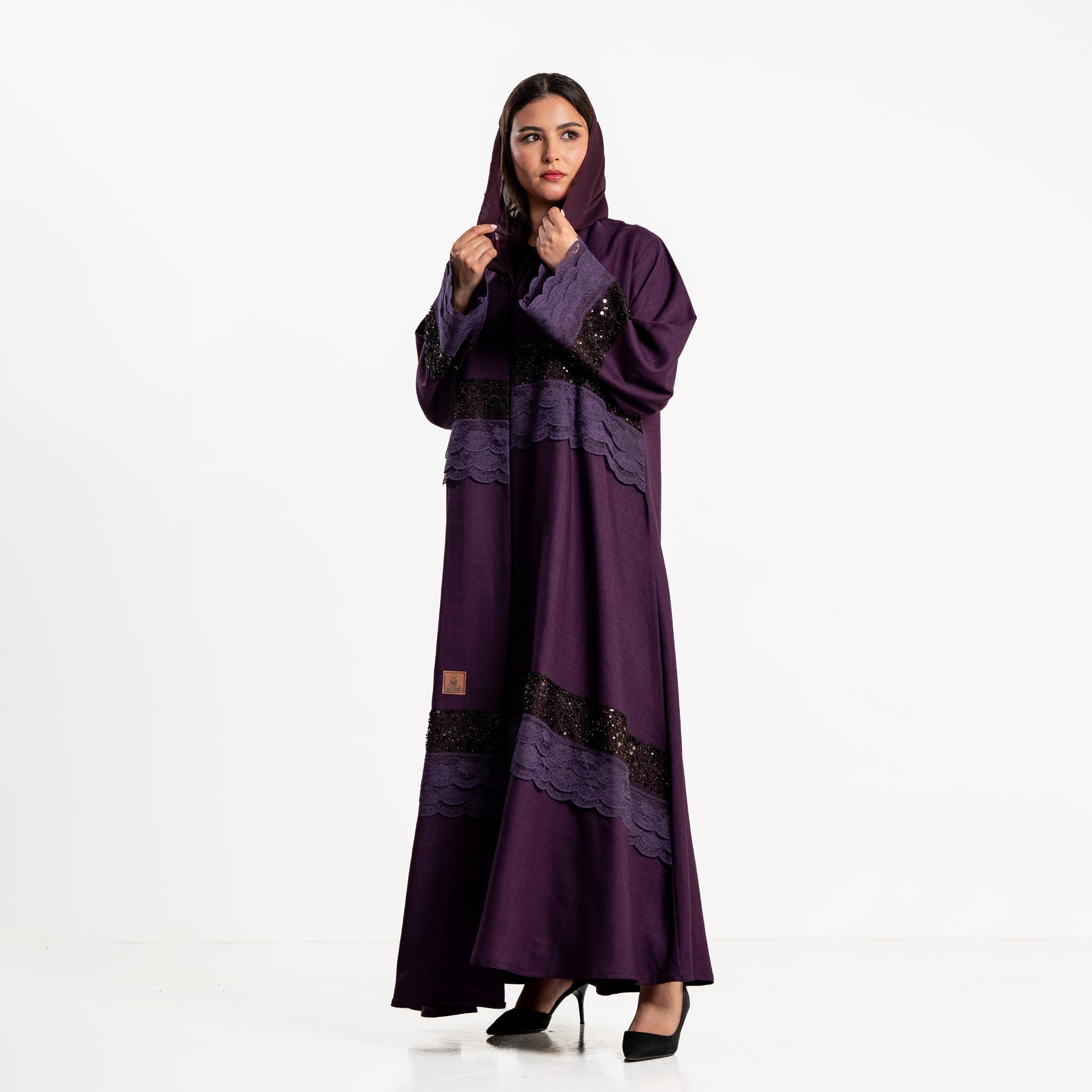 Zahiyh Beaded & Lace Detailed Wide Sleeves Women's Evening Abaya with Hijab-women-arabicclothing-abayas-image-2