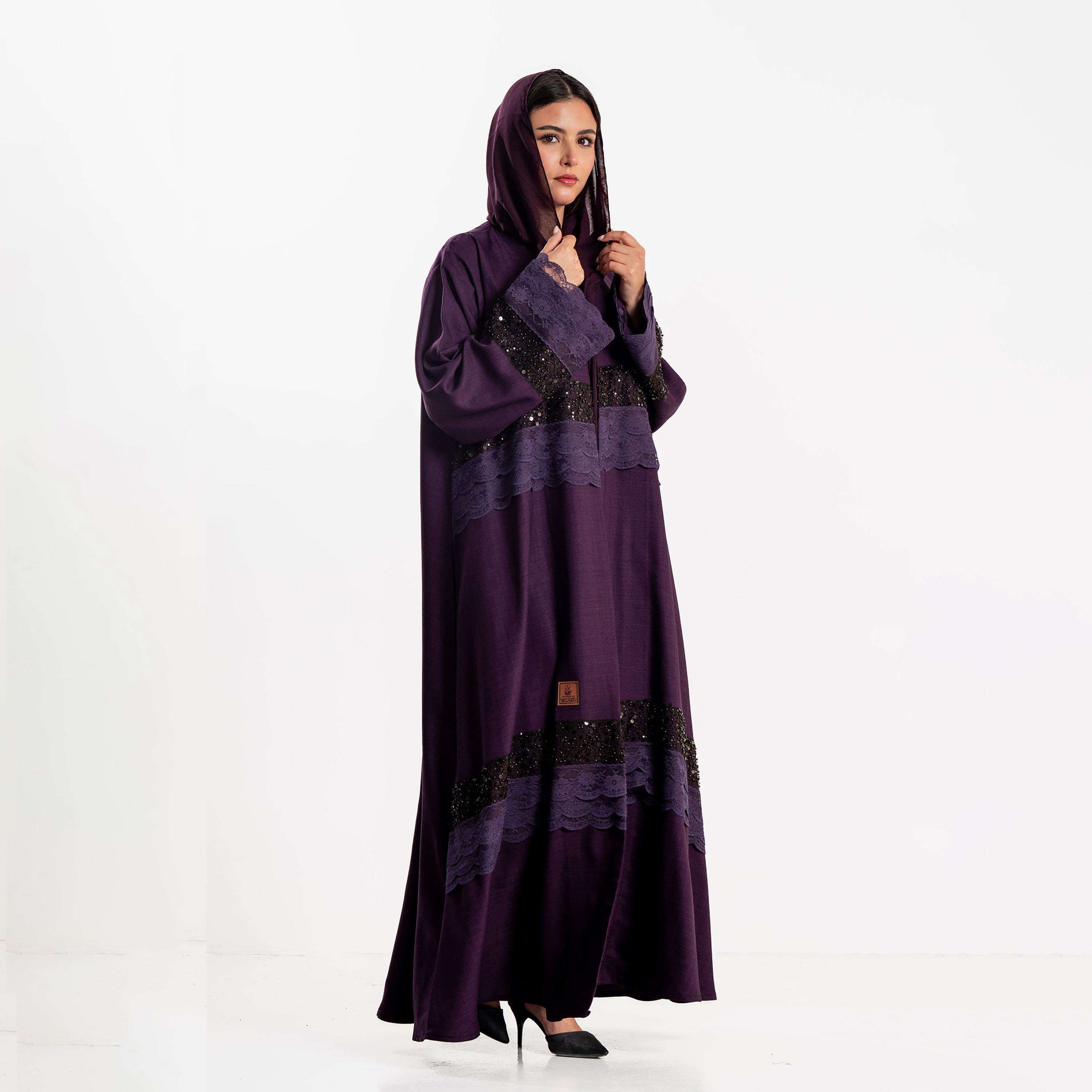 Zahiyh Beaded & Lace Detailed Wide Sleeves Women's Evening Abaya with Hijab-women-arabicclothing-abayas-image-3
