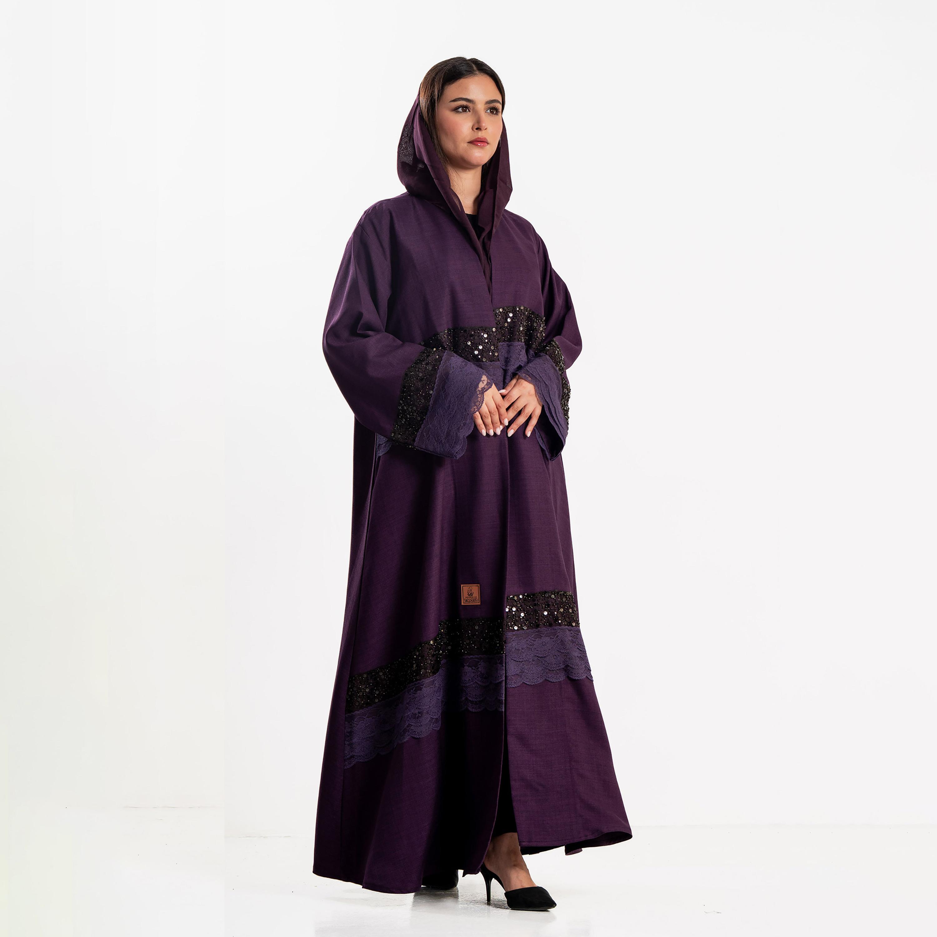 Zahiyh Beaded & Lace Detailed Wide Sleeves Women's Evening Abaya with Hijab-women-arabicclothing-abayas-image-4