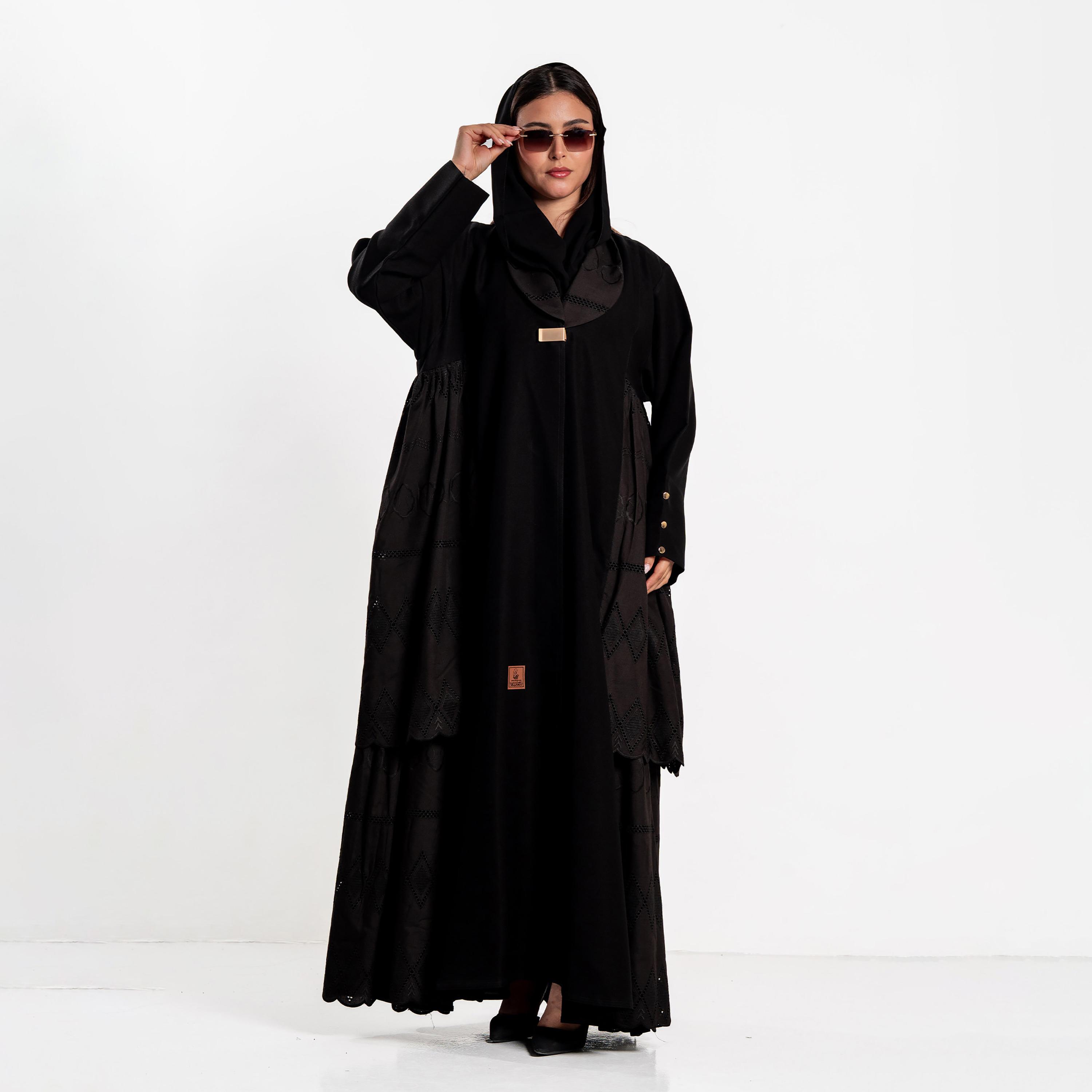 Zahiyh Black Embroidered Panel Lapel Collar Women's Abaya with Hijab-women-arabicclothing-abayas-image-1