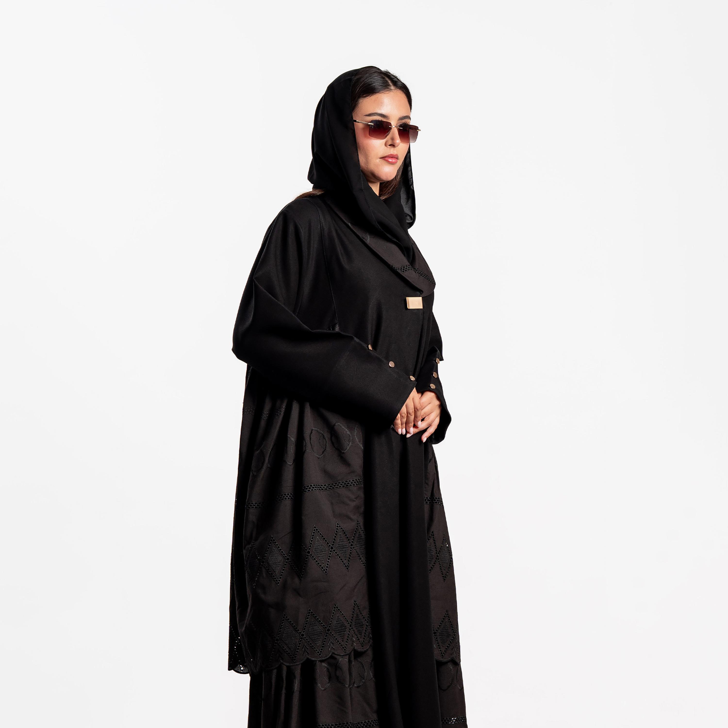 Zahiyh Black Embroidered Panel Lapel Collar Women's Abaya with Hijab-women-arabicclothing-abayas-image-2