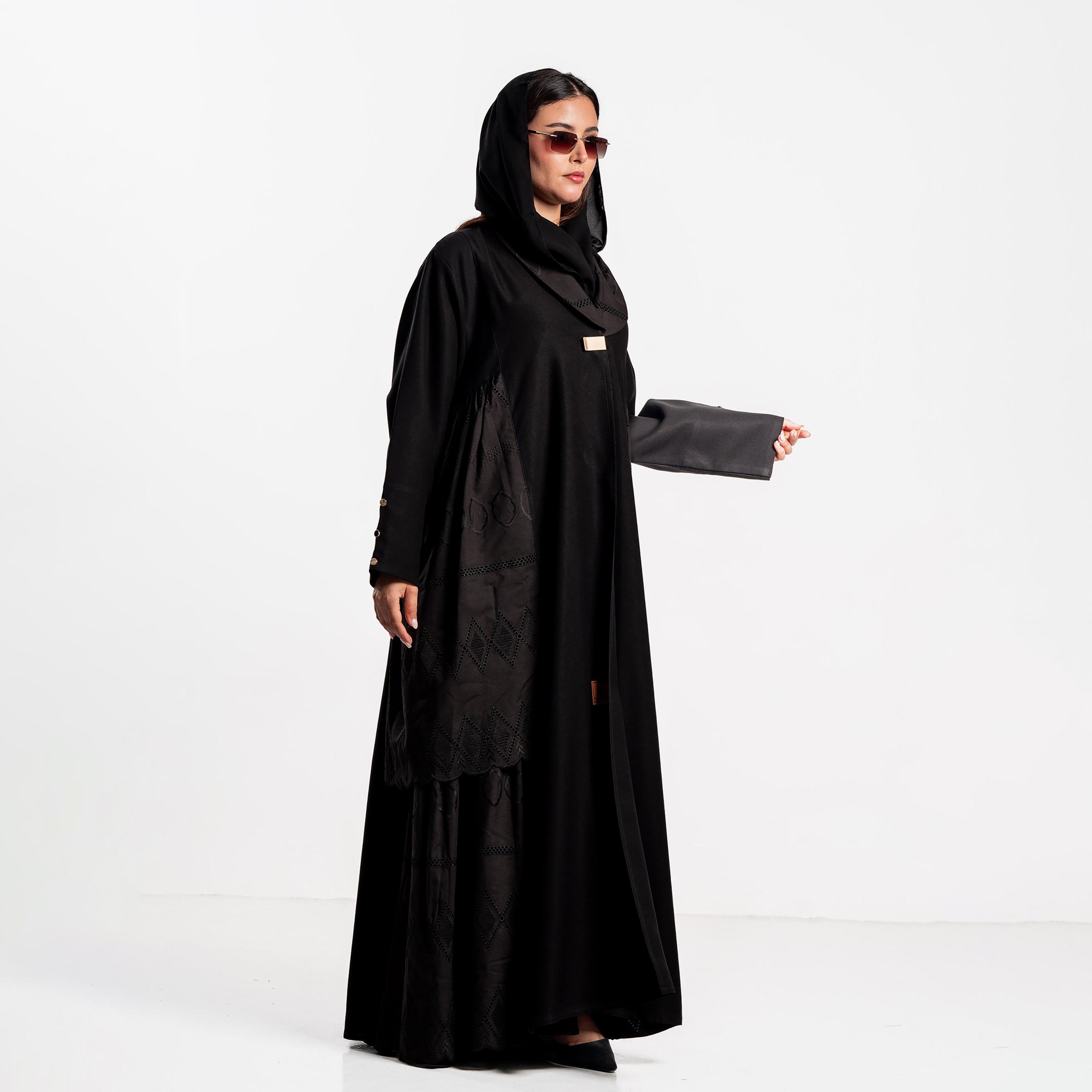 Zahiyh Black Embroidered Panel Lapel Collar Women's Abaya with Hijab-women-arabicclothing-abayas-image-3